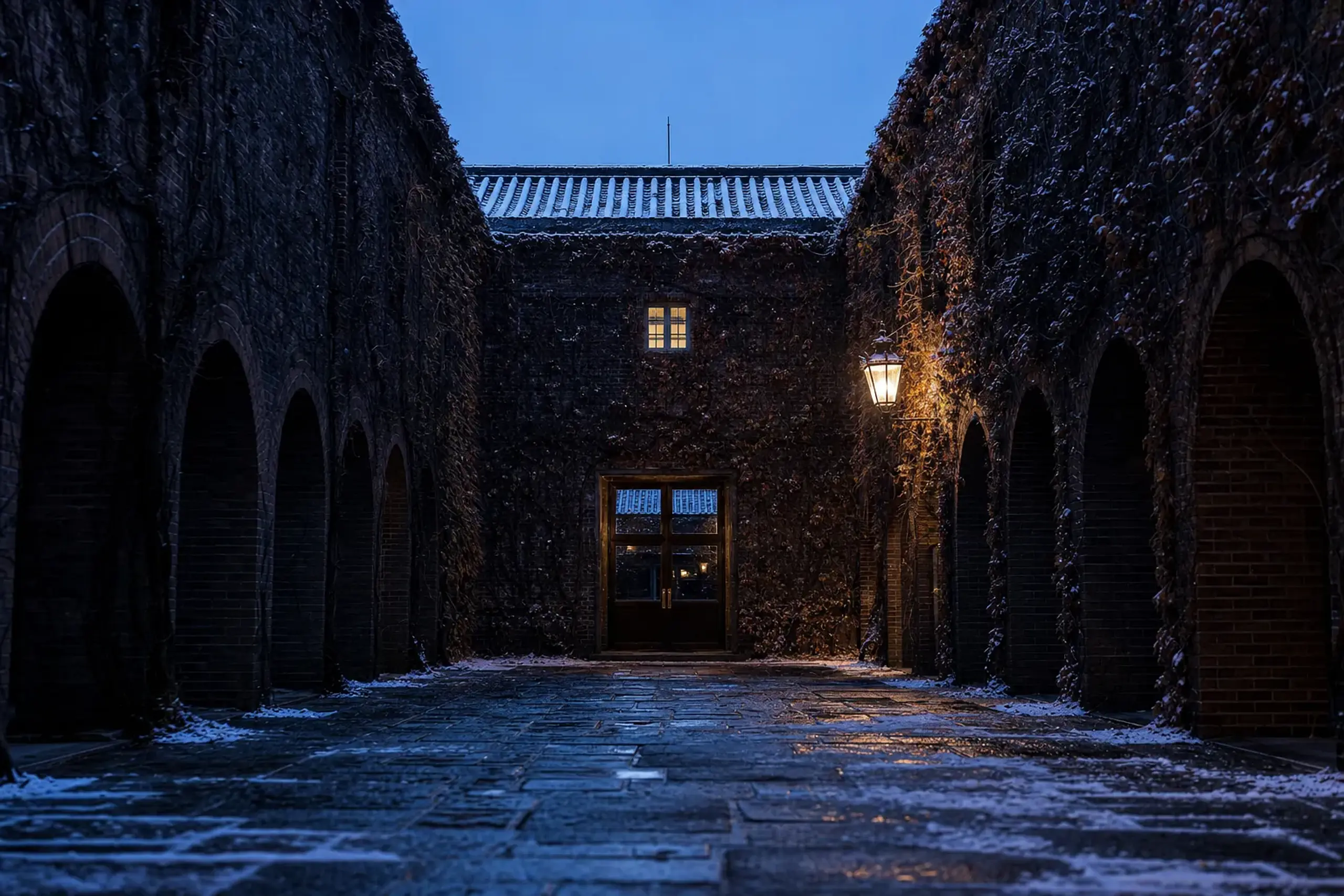 the ivy-clad brick courtyard of Kurashiki Ivy Square at dusk