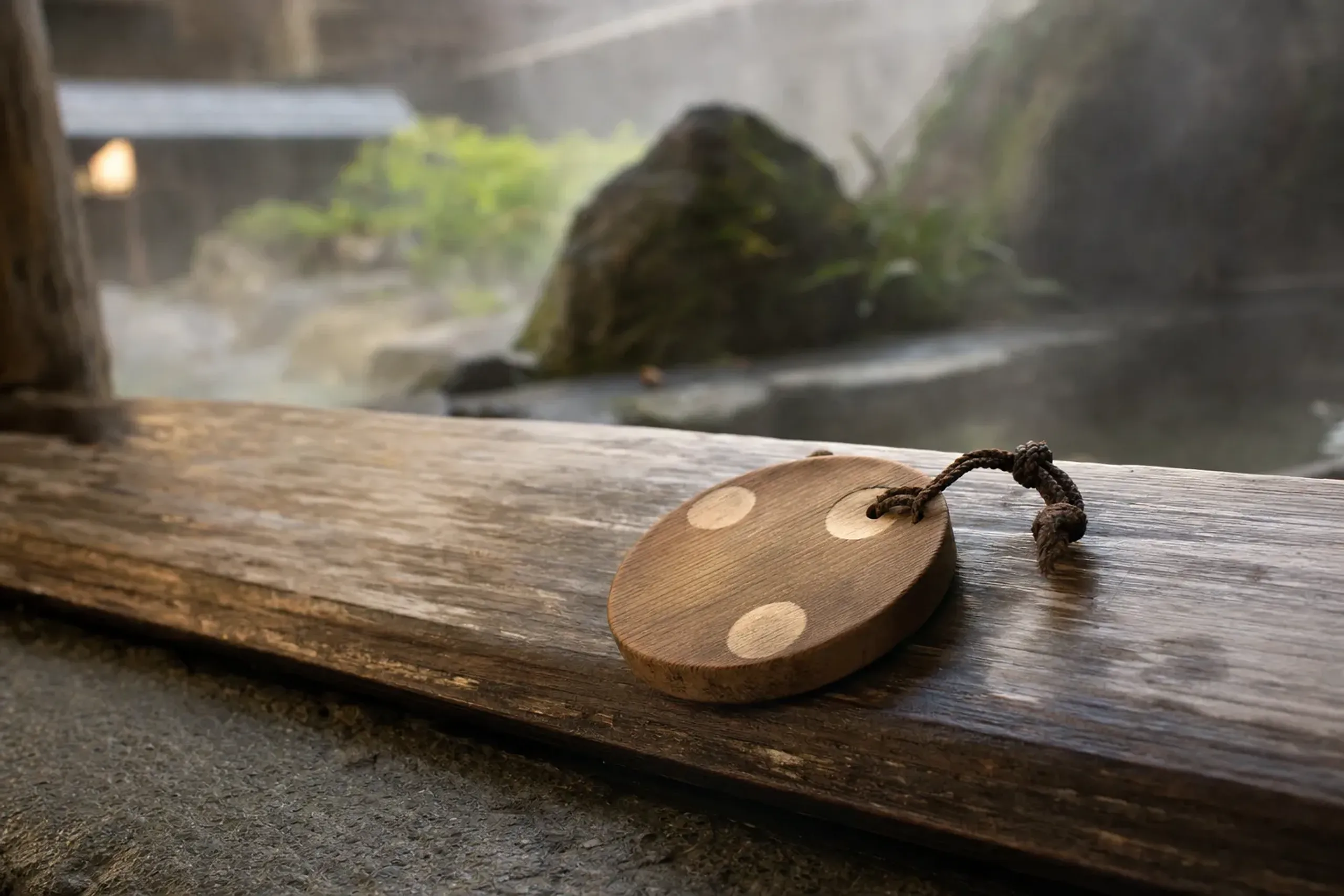 A round wooden nyūtō tegata bathing pass cut from local Oguni cedar, strung on cord, resting on a weathered wooden ryokan ledge