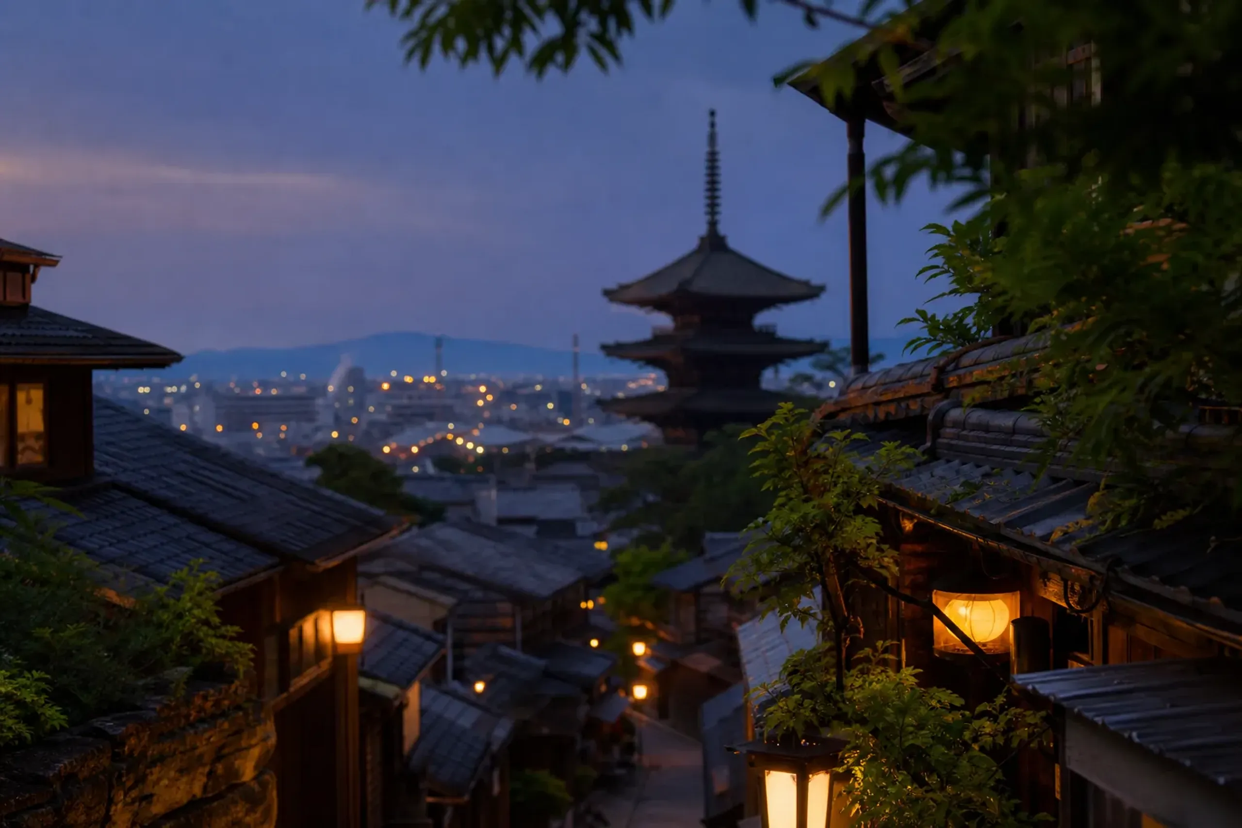 Kyoto rooftops at dusk with lantern glow and distant temple rooflines, no people