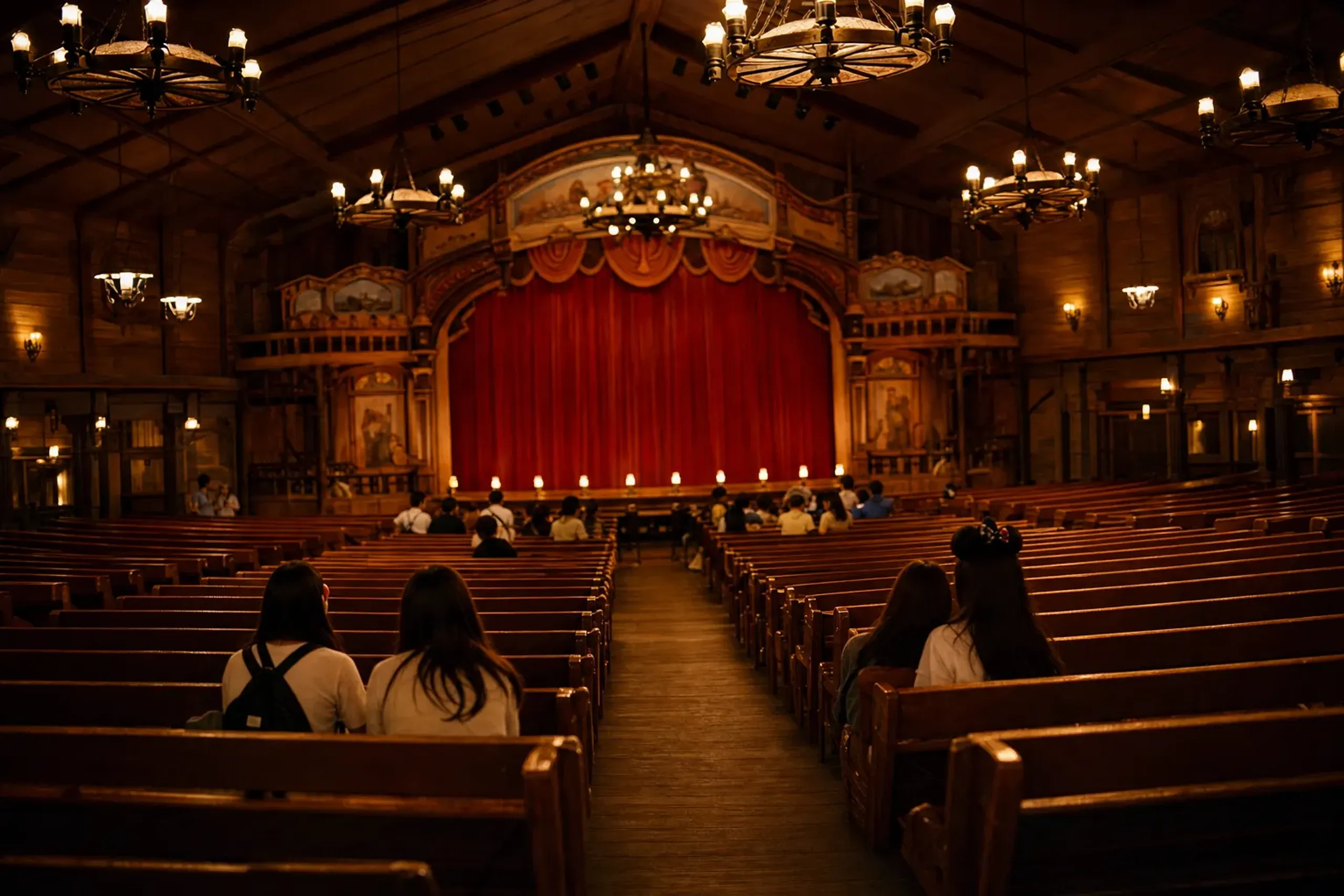 Rows of 306 wooden theatre seats inside the air-conditioned Country Bear Theater in Westernland, Tokyo Disneyland