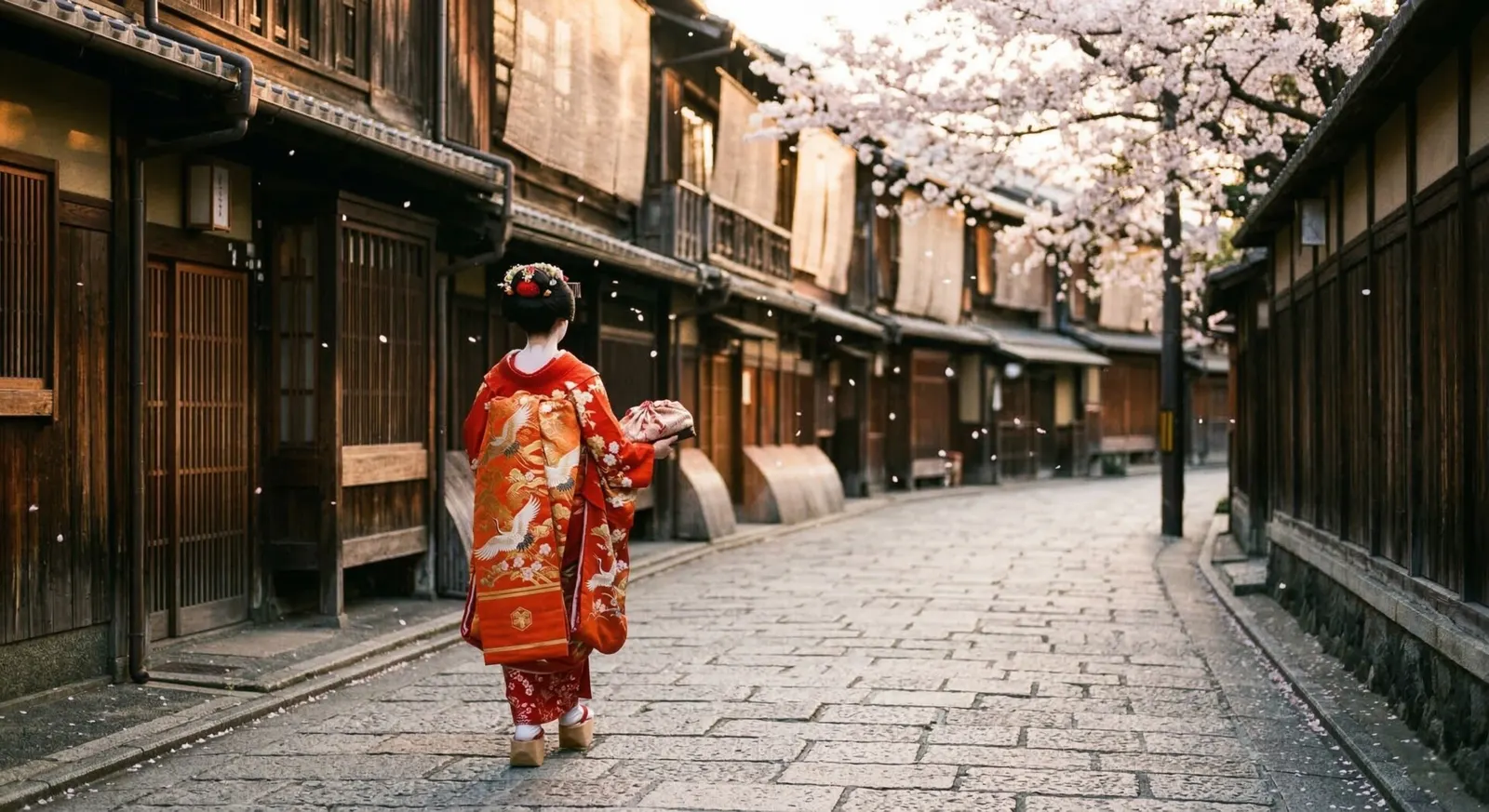 A beautifully dressed Geisha walking through a quiet, traditional Kyoto street lined with cherry blossom trees.