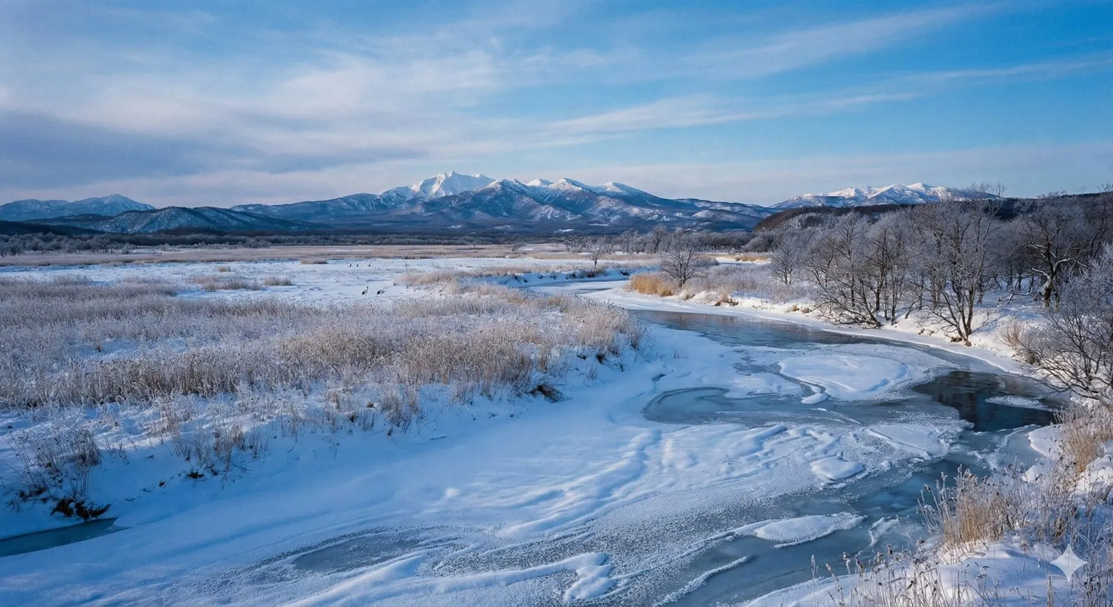 Snow-covered landscape of Kushiro Shitsugen National Park in winter.