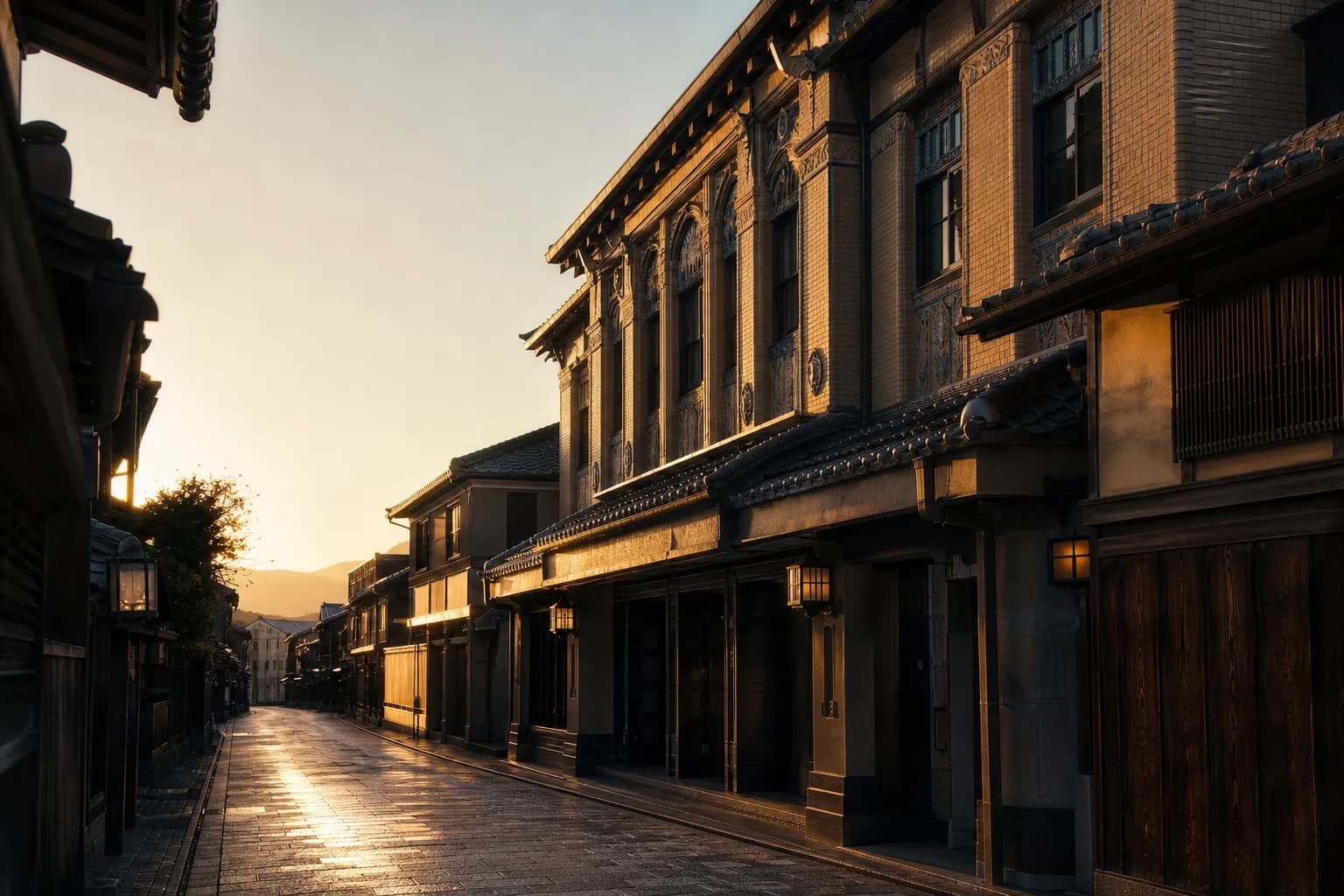The restored Yasaka Kaikan building housing the Imperial Hotel, Kyoto near Gion, its historic facade catching soft early-morning light on a quiet narrow street