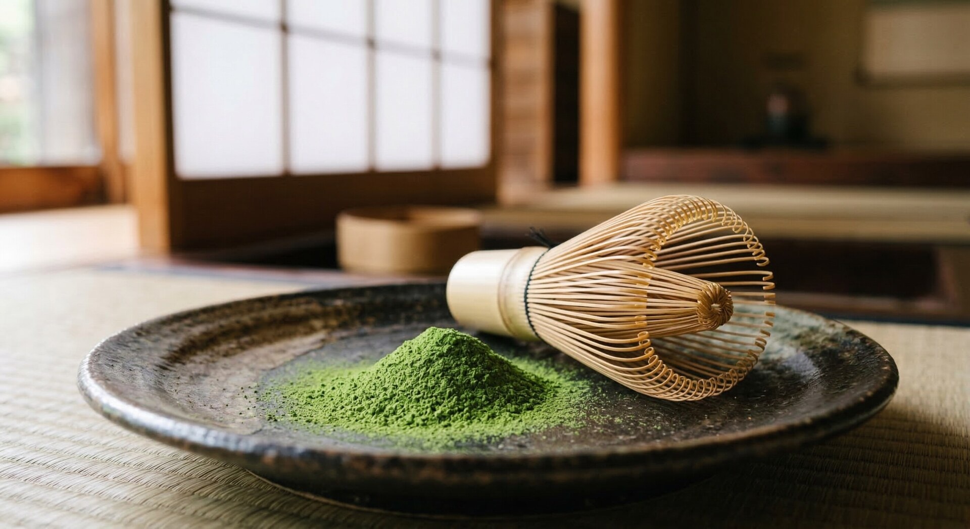 Vibrant green premium Japanese matcha powder next to a bamboo chasen whisk on a dark ceramic plate.