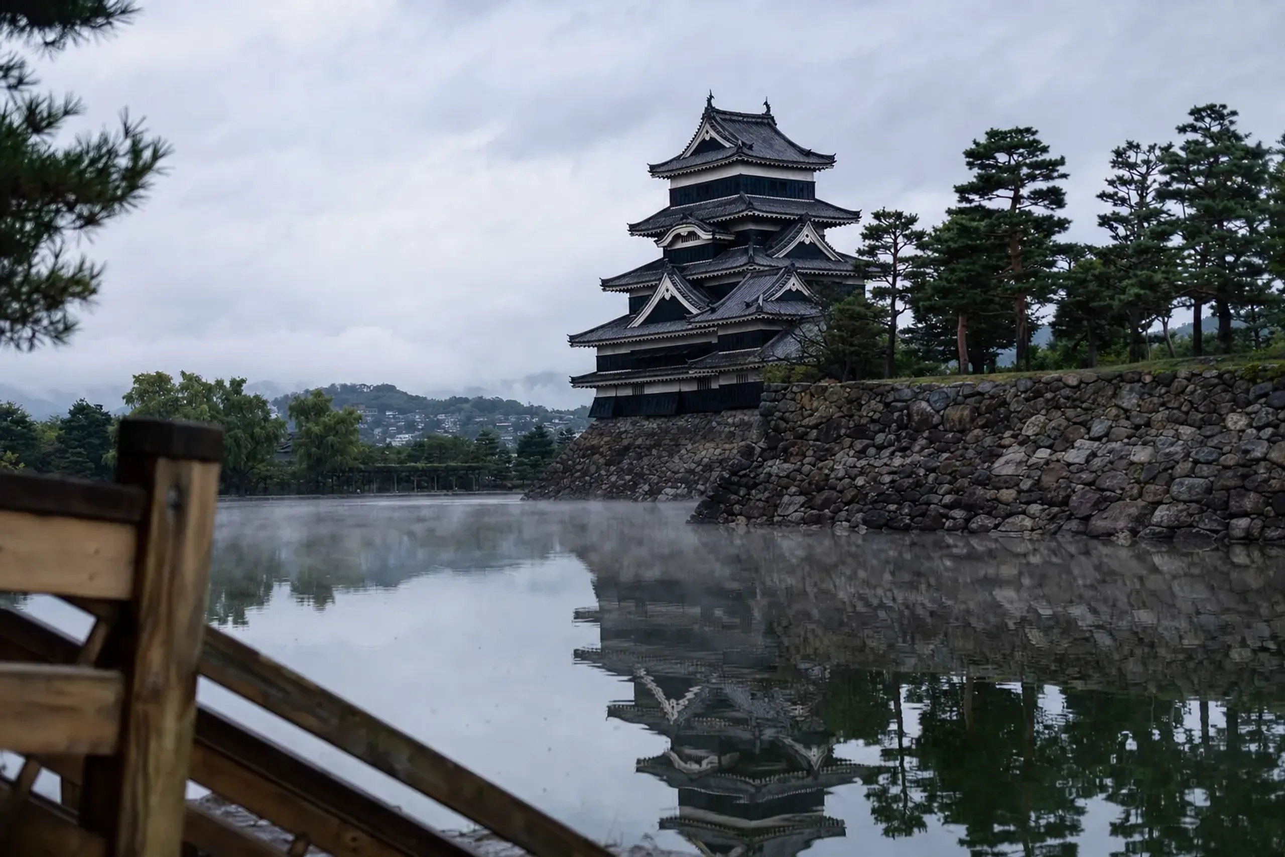 the Matsue castle grounds viewed from a visitor interpretation vantage point with the moat in the foreground