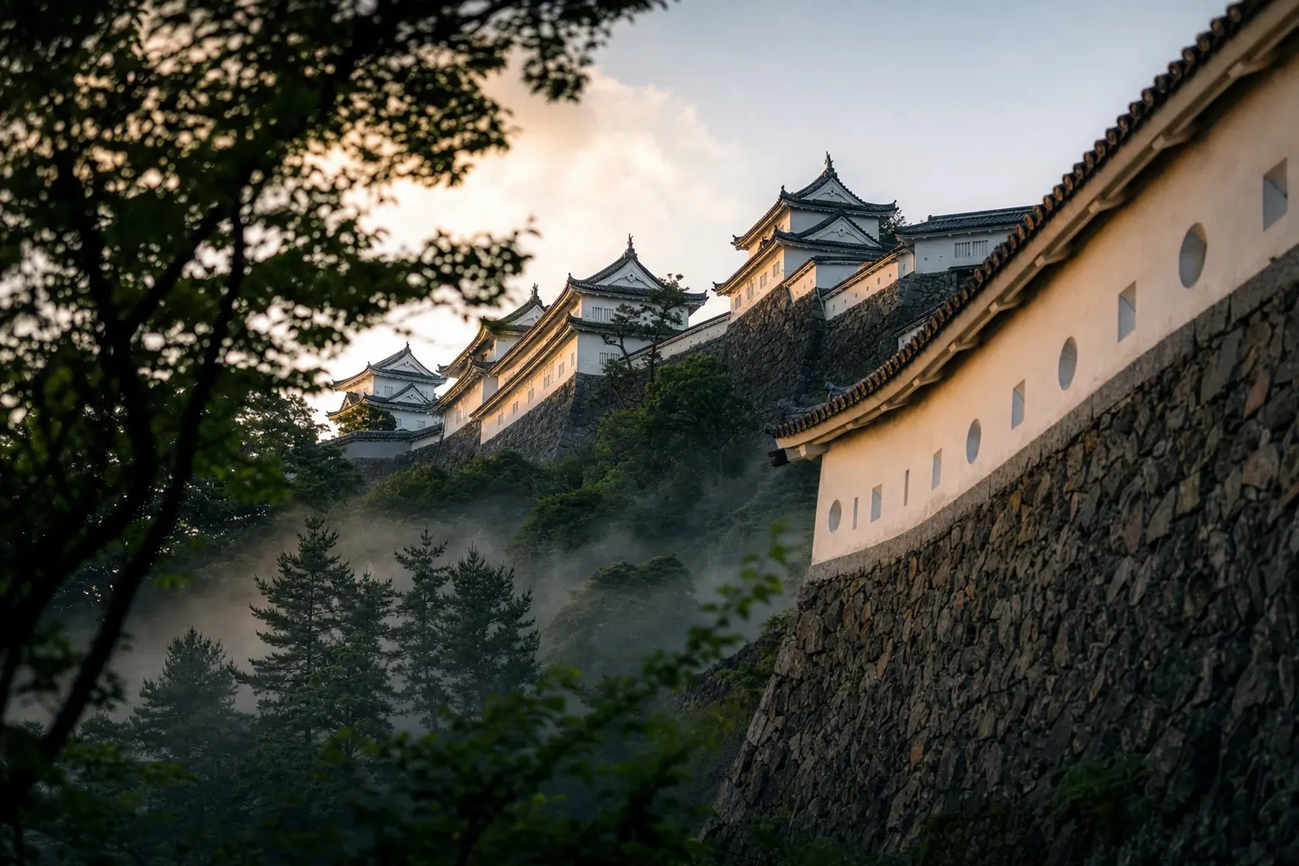 The rengaku-shiki linked-tower complex of Matsuyama Castle with its connected watchtowers and gates spread across the hilltop stone ramparts