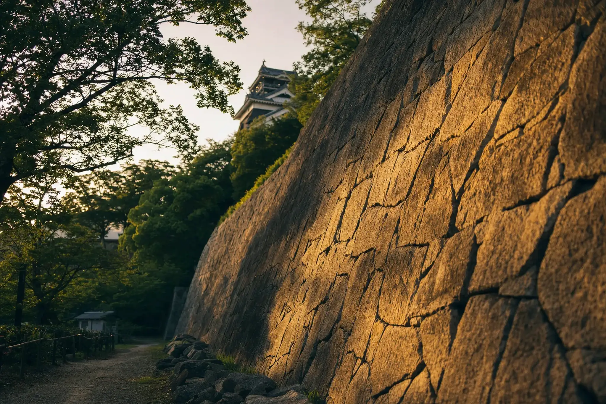 Late-afternoon light stretching long shadows across the massive stone walls of Matsuyama Castle's ramparts