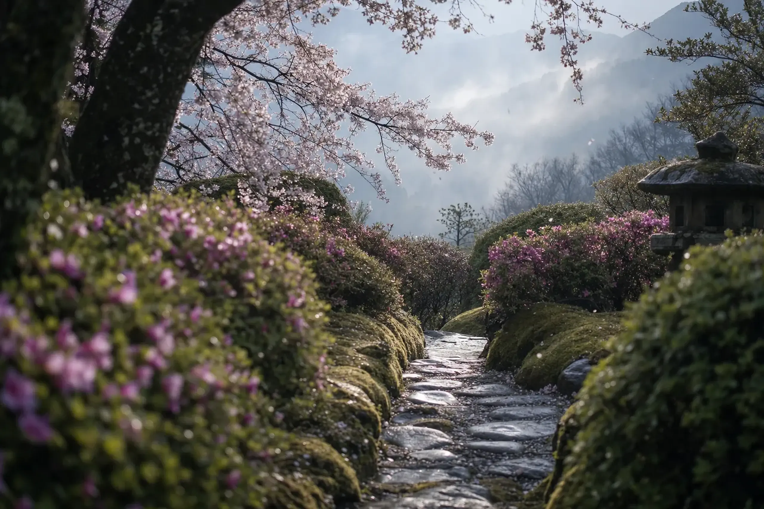 Cherry blossoms and azaleas in Horai-en, the Taisho-era garden at Mikawaya Ryokan in Hakone