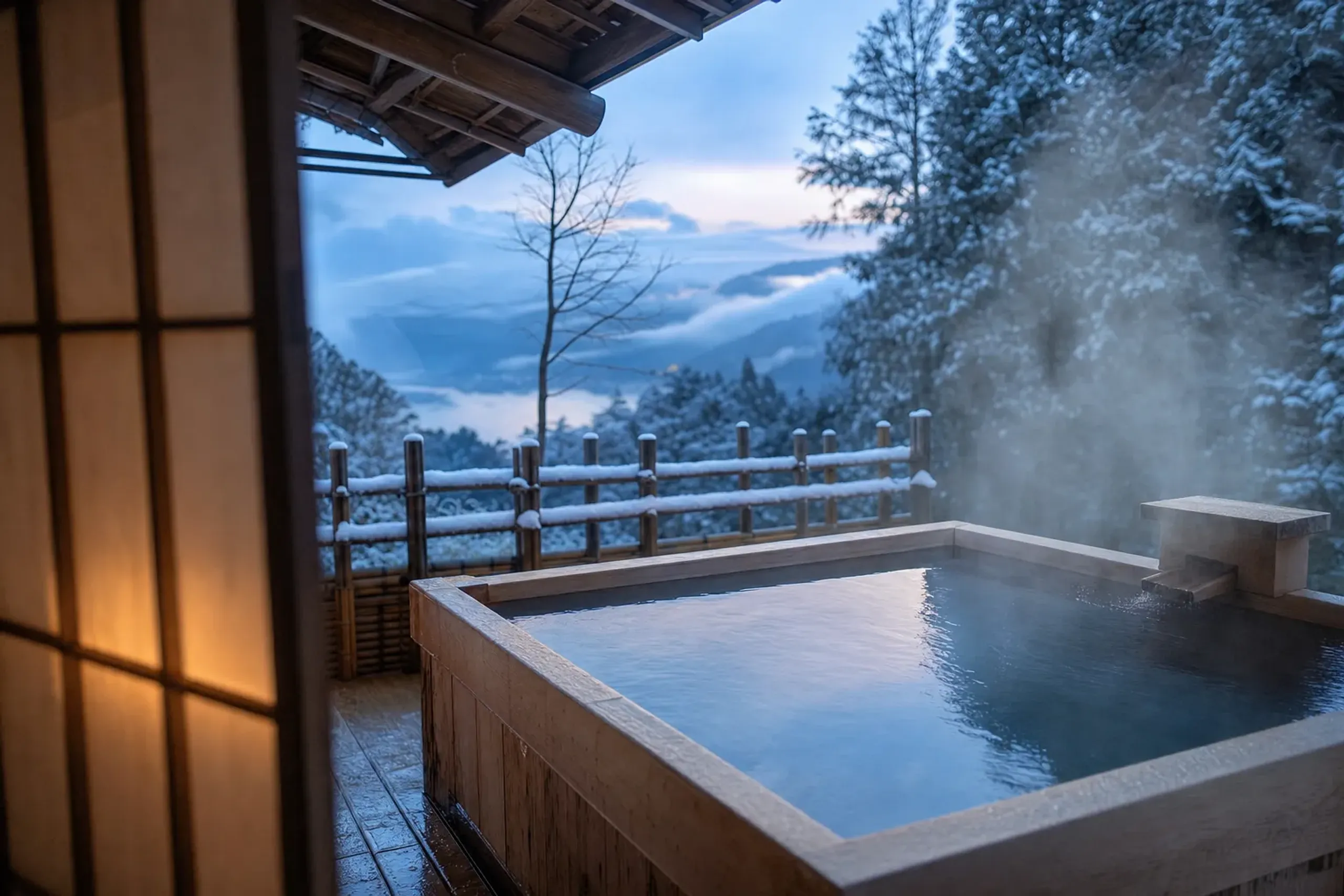 A cottage-style hanare room at Mikawaya with its own private cypress-wood open-air bath steaming amid the forested Hakone surroundings