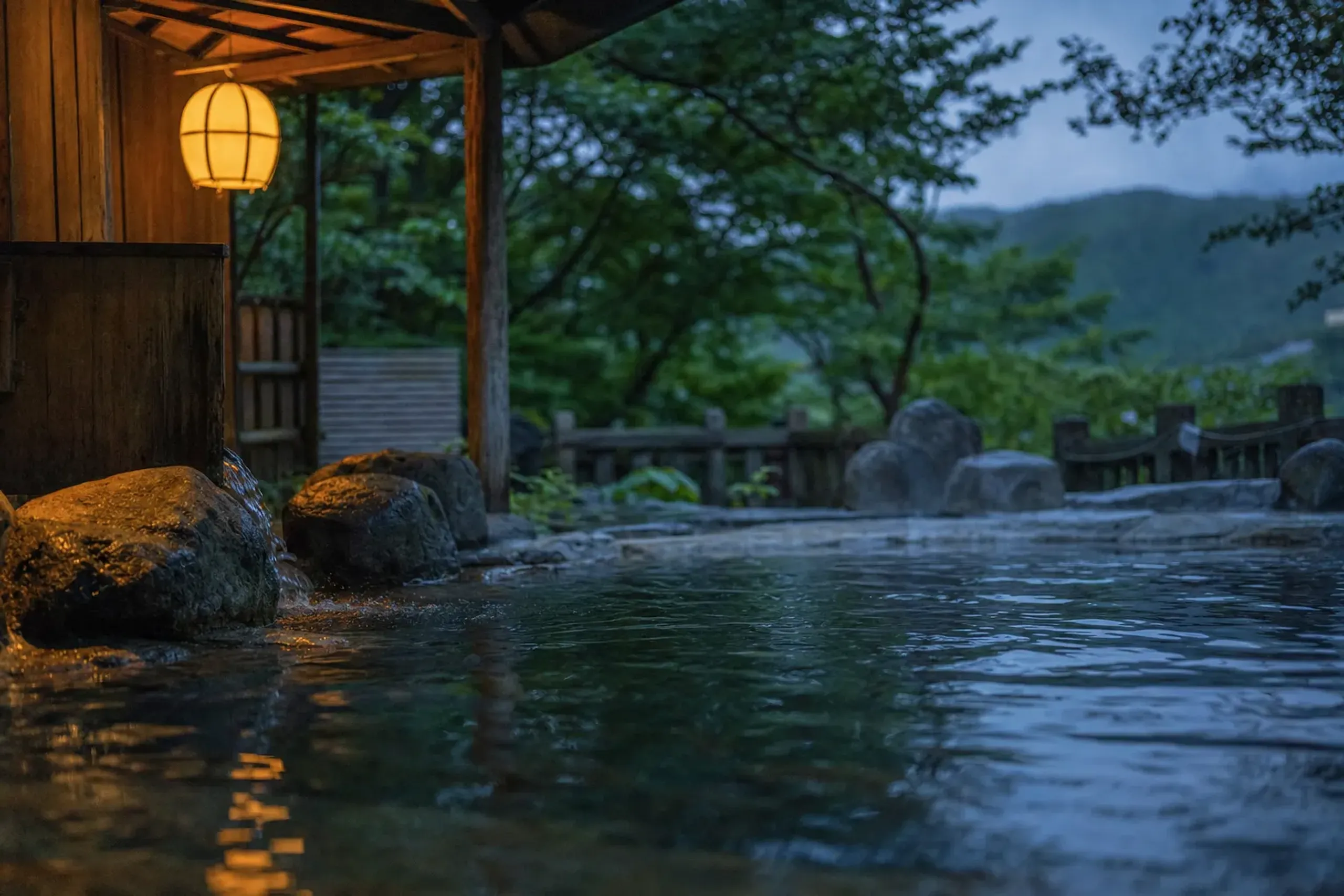 Mikawaya's semi-open-air kashikiri-buro private reserved bath, warm stone and clear source-fed water under a soft retro glow of light