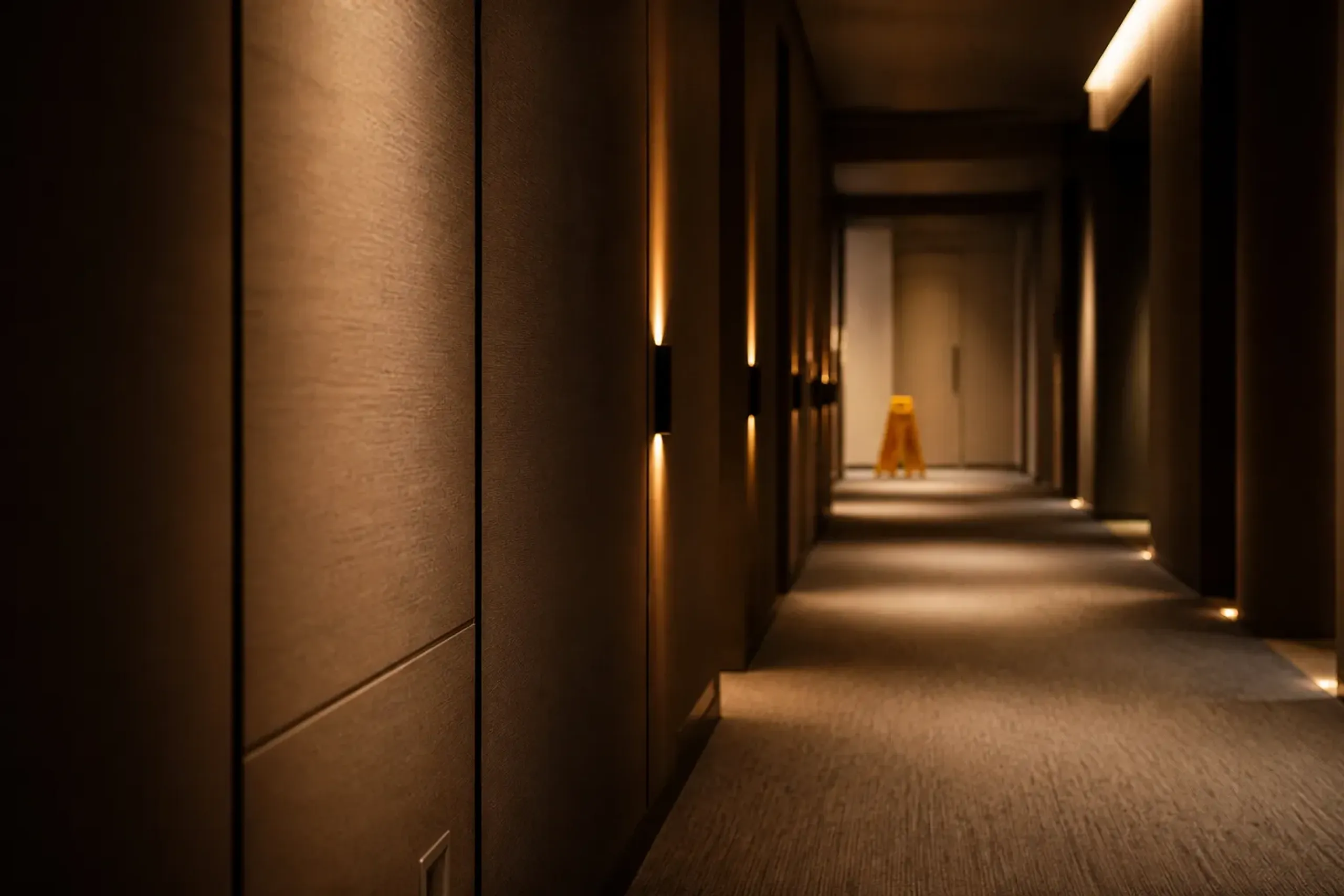Hotel corridor with a discreet maintenance notice sign, suggesting refurbishment planning