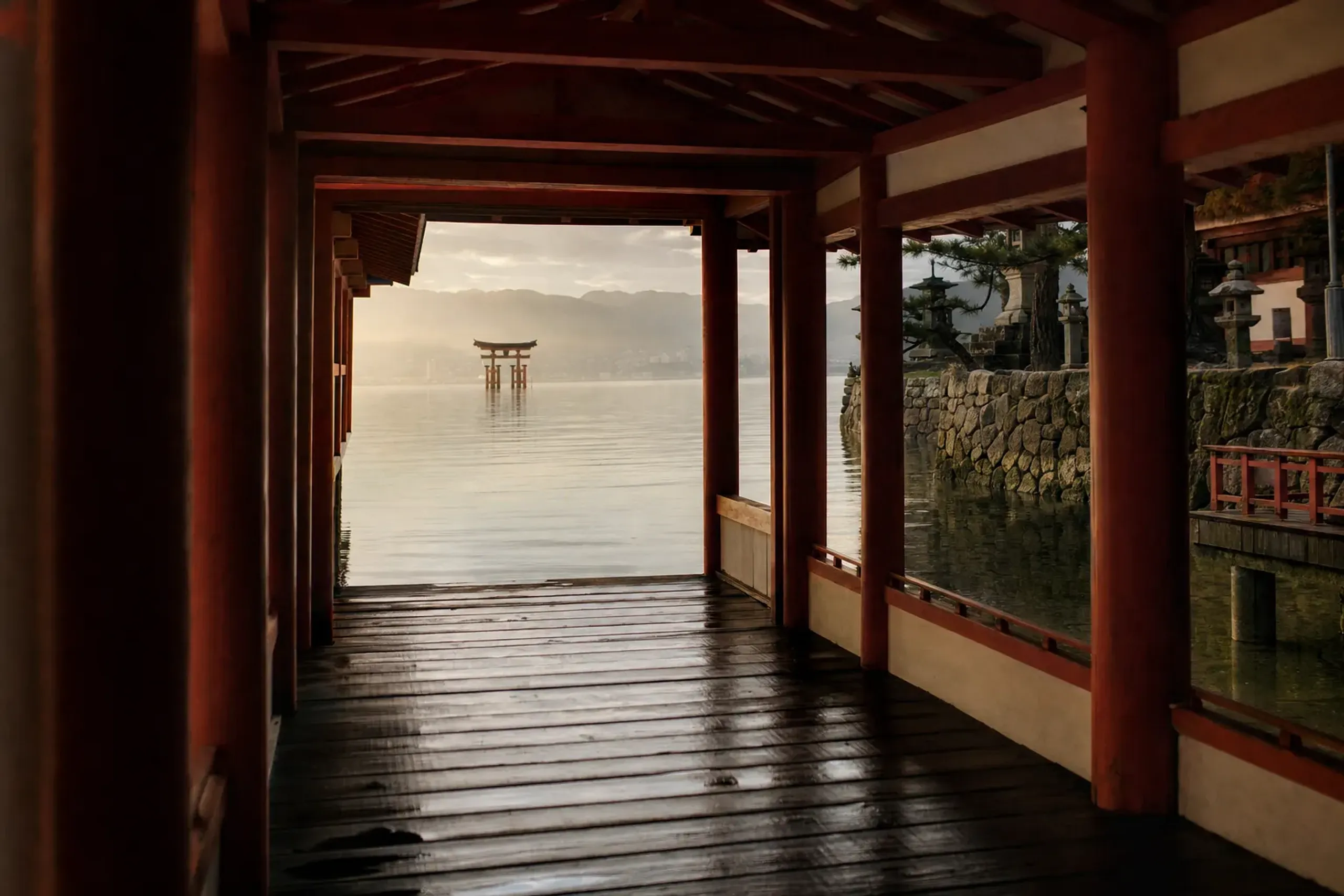 the vermilion over-water corridor of Itsukushima Shrine extending above the tide toward the Great Torii