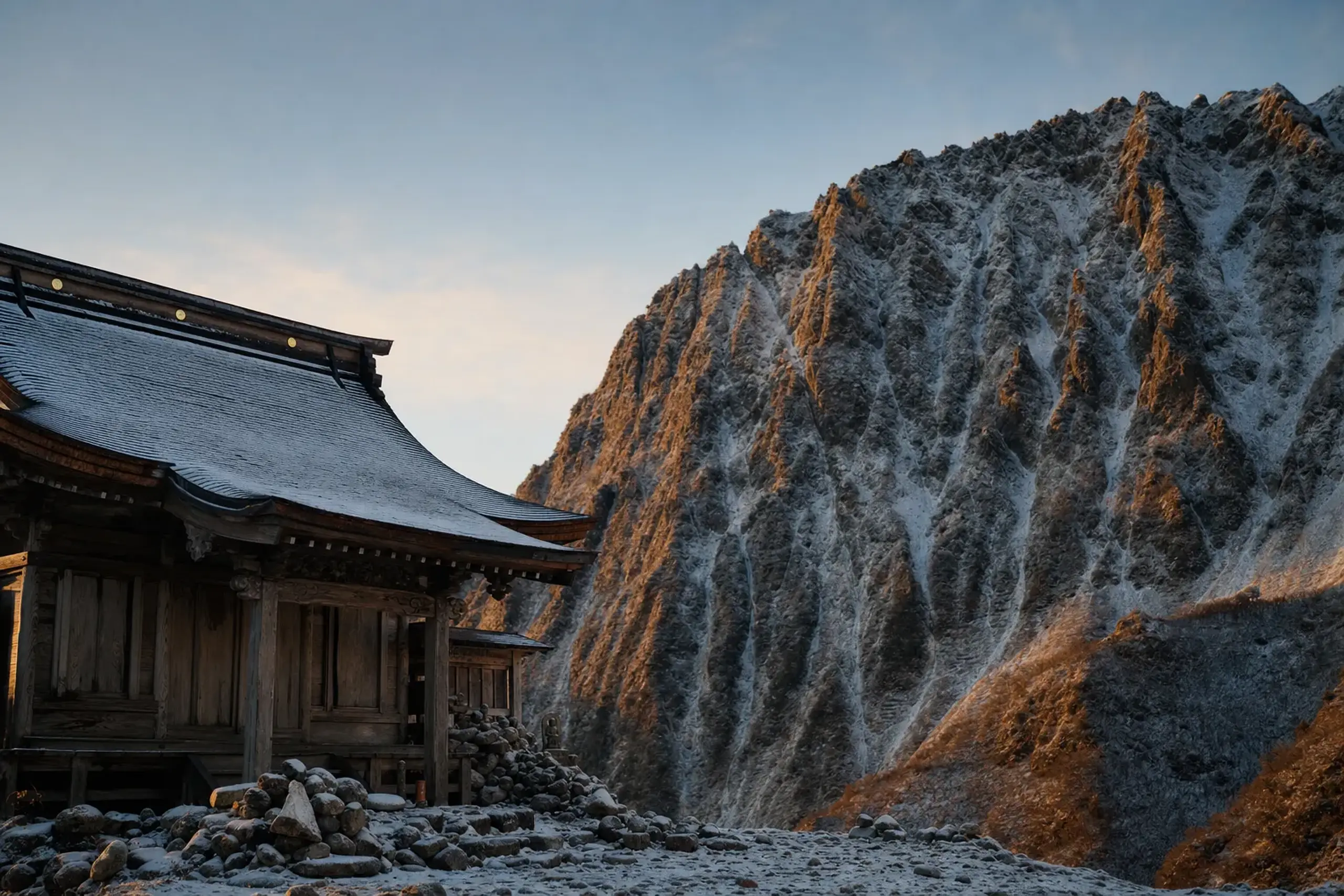 the wooden inner shrine (Okumiya) of Ōgamiyama Shrine near Motodani, with the dark North Wall of Mt. Daisen visible beyond