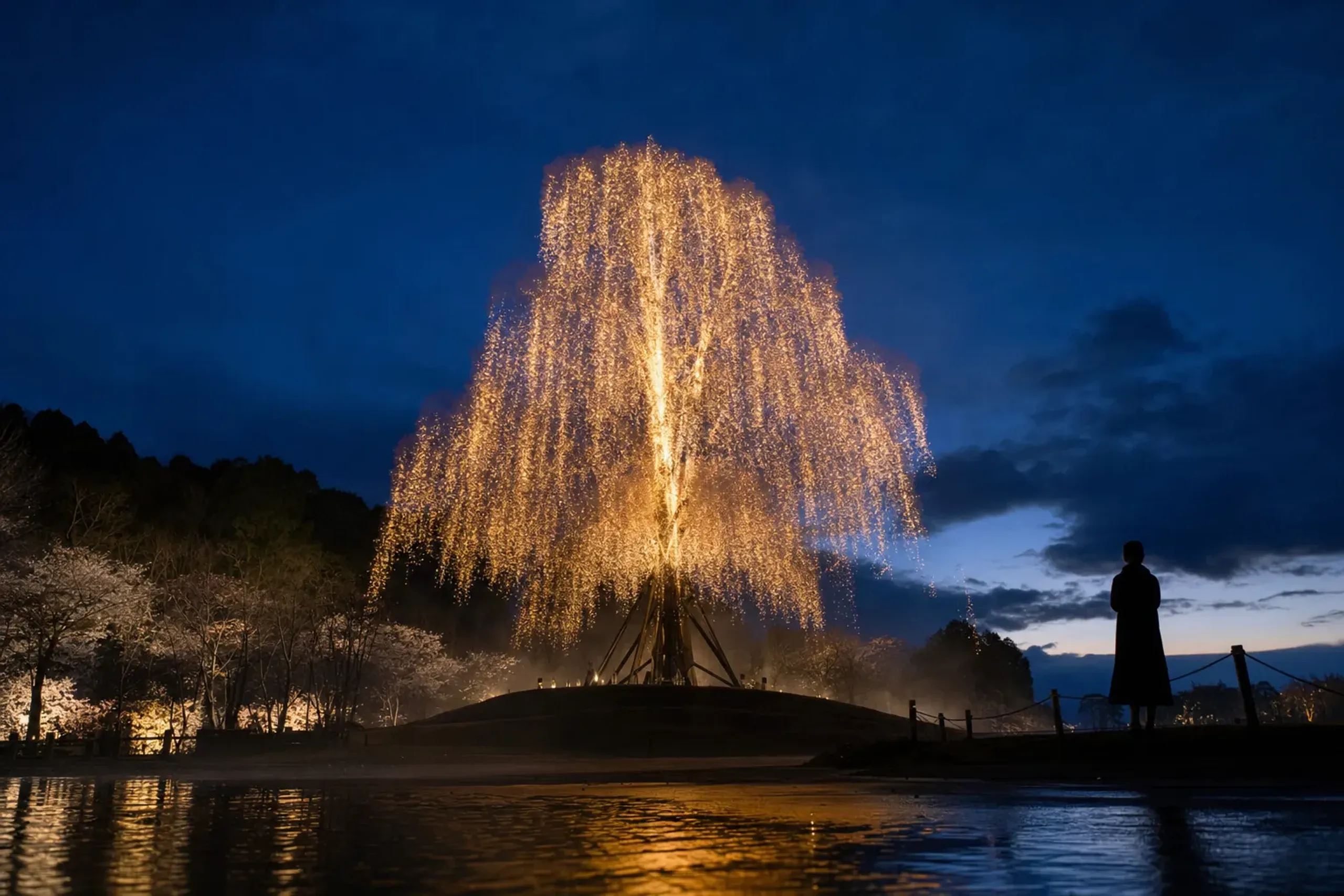 The Twin Tree bell-triggered illumination at Nabana no Sato lighting up against the deepening blue twilight sky