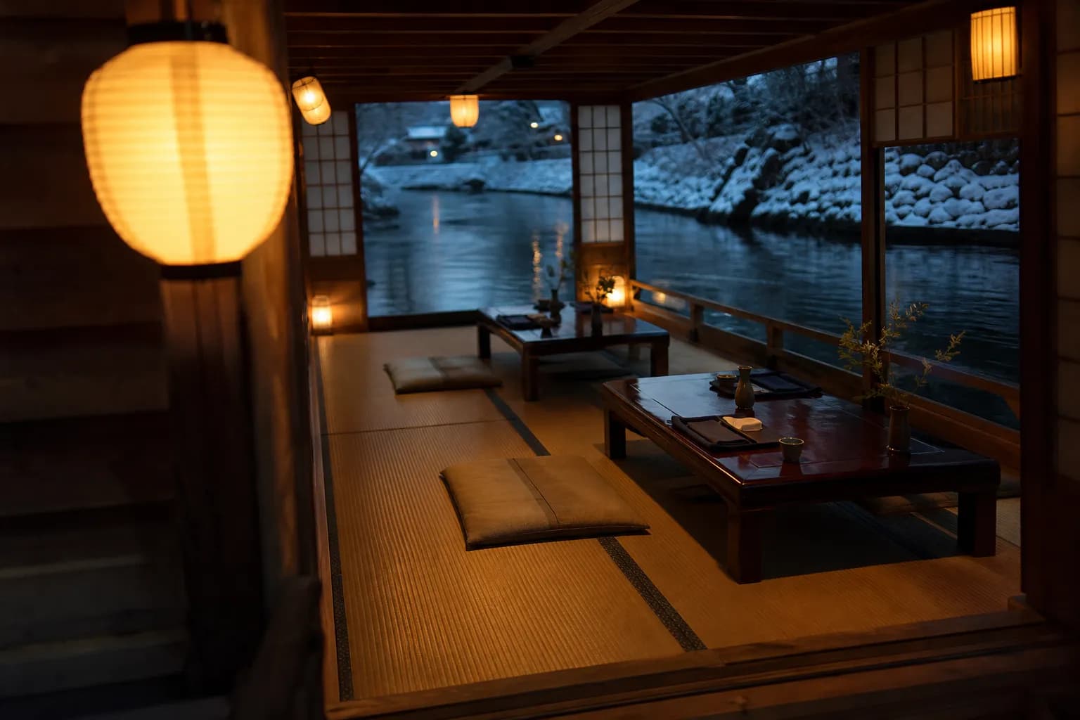 Interior of a luxury private viewing boat set for dinner on the river