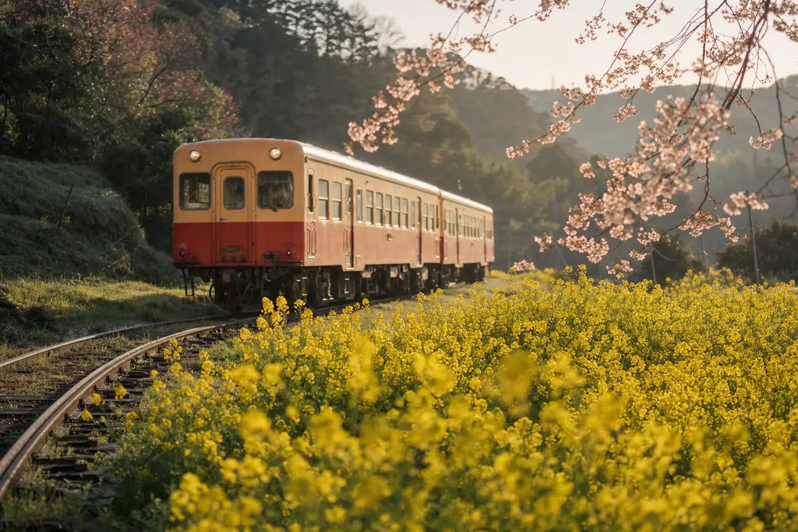 A Kominato Line local train passing through yellow nanohana fields with pink sakura branches overhanging the tracks on the Boso Peninsula, Chiba