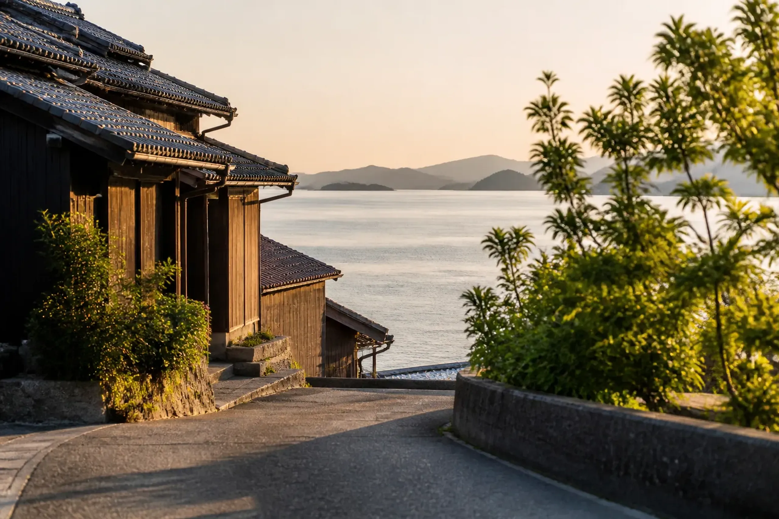 Traditional Japanese houses along the quiet coast of a Setouchi island