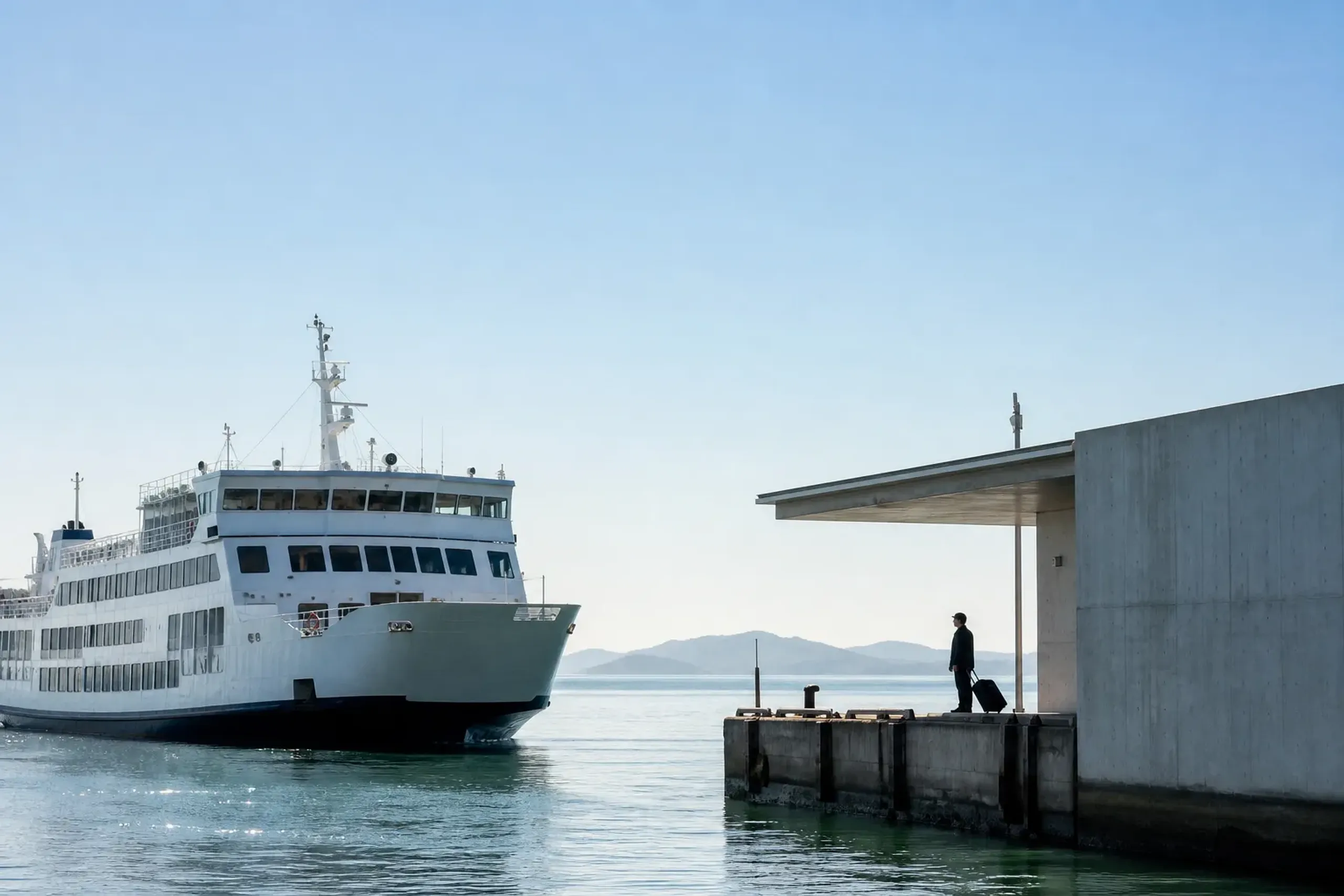 Passenger ferry docking at a small port in the Seto Inland Sea
