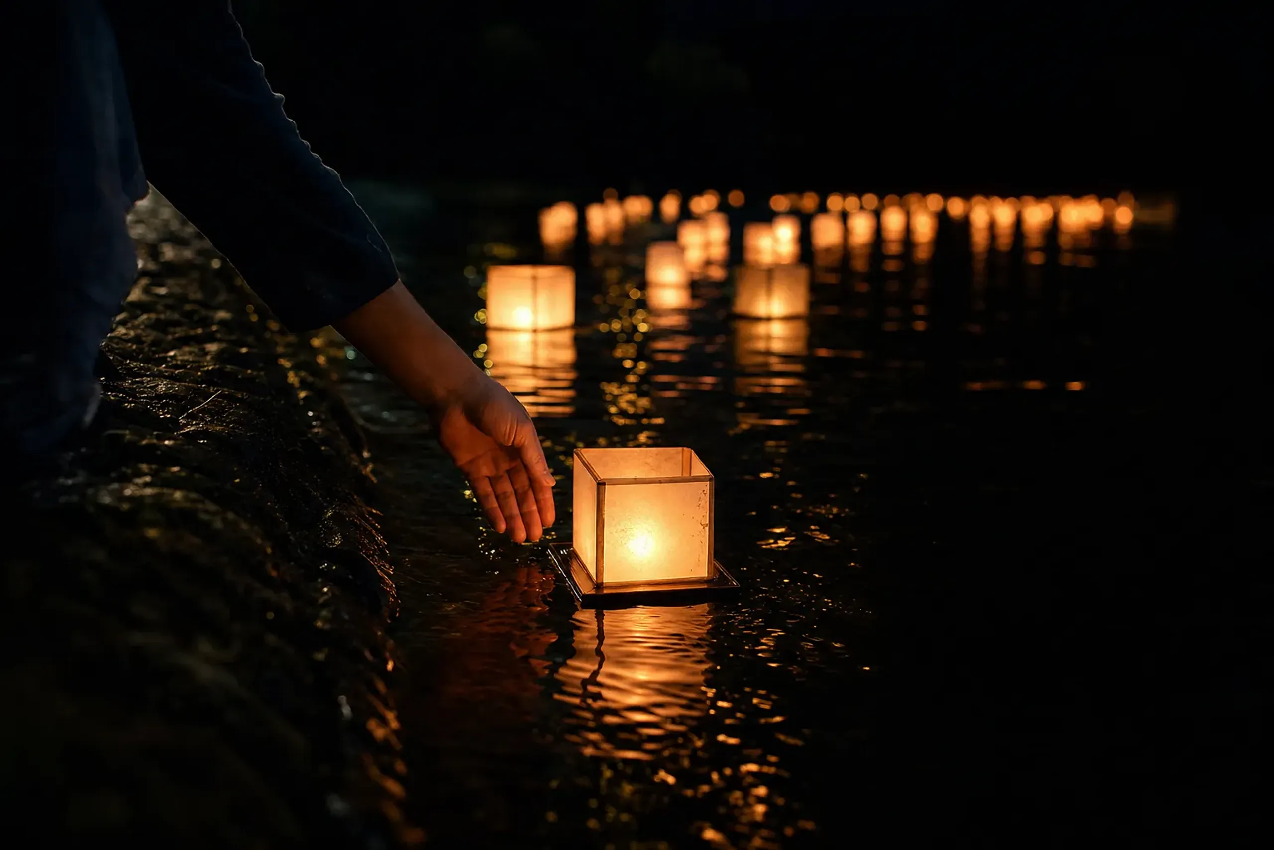 glowing paper floating lanterns set adrift on a dark river at night during the Obon spirit send-off