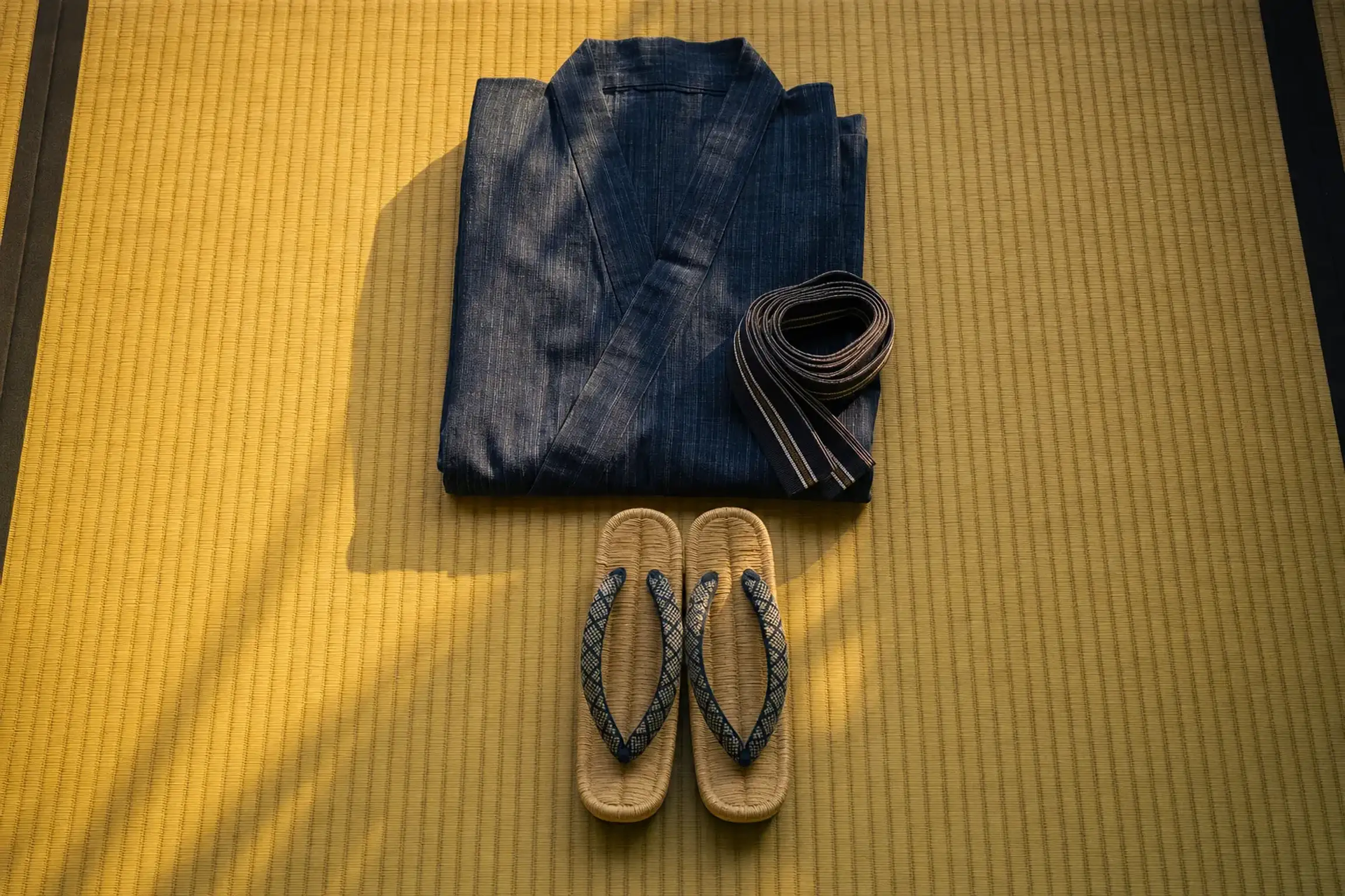 a simple summer yukata and woven straw sandals laid out for a modest Obon dance evening
