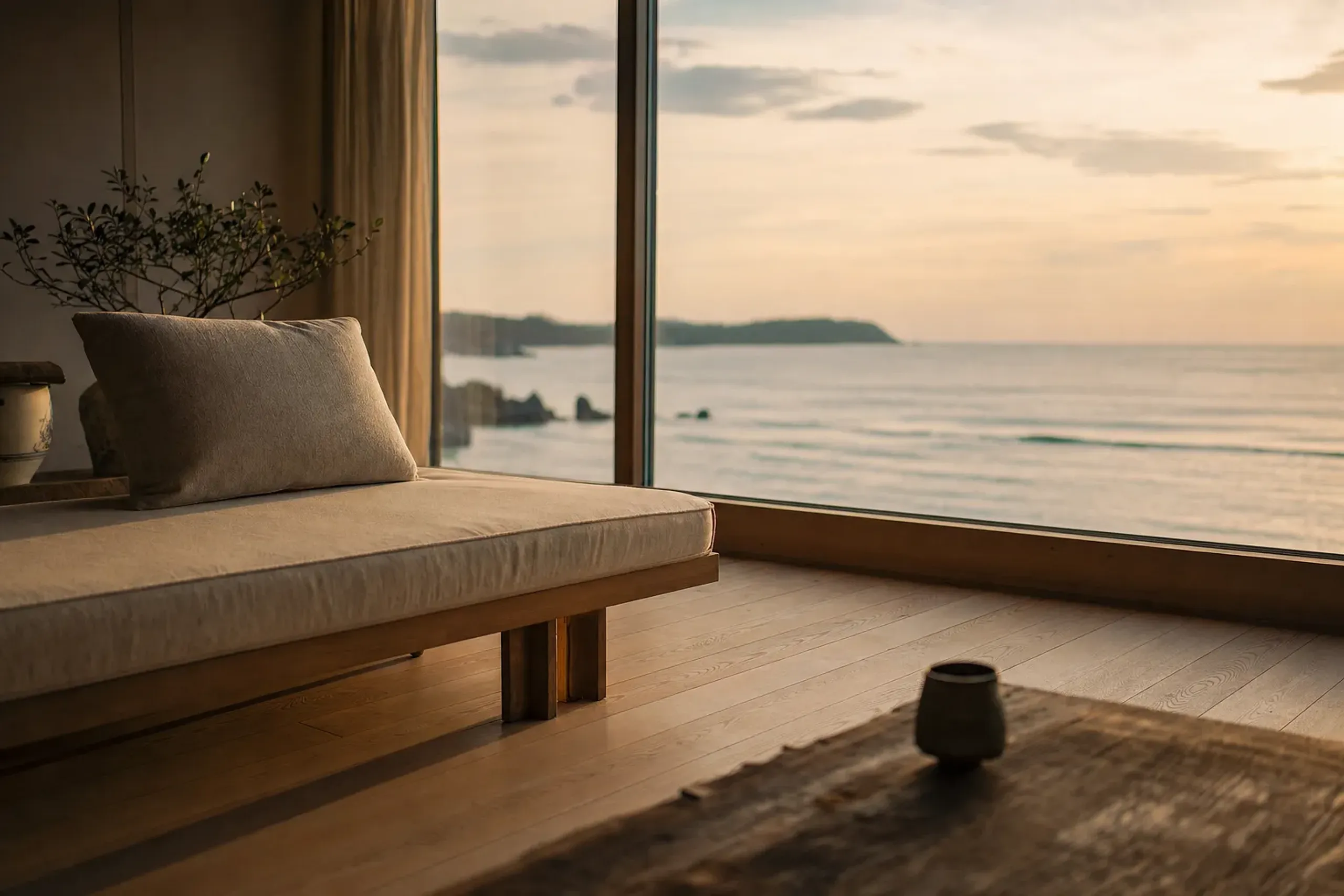 Understated Okinawa resort-style room with sea view, natural wood, and linen textures