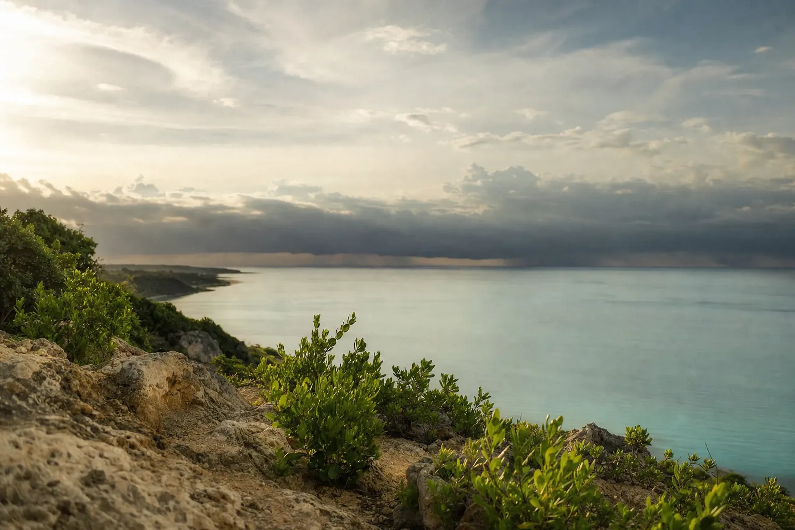 a September sky over an Okinawan coastline with a distant tropical storm cloud band gathering on the horizon above calm sea