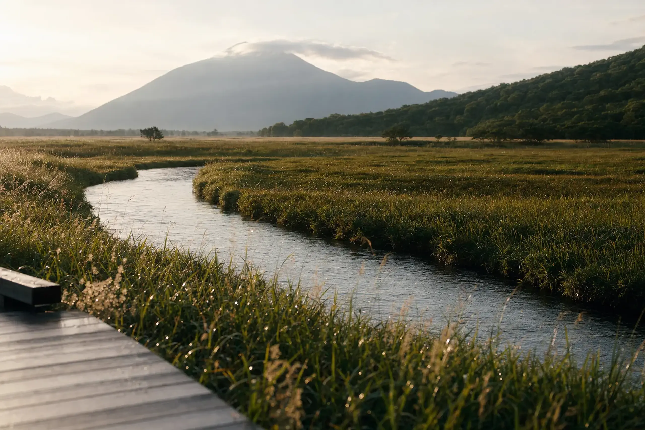 The wide grass and reed plain of Senjōgahara marsh at about 1,400 metres with the Yukawa River threading quietly through it, Mt. Nantai rising in the background