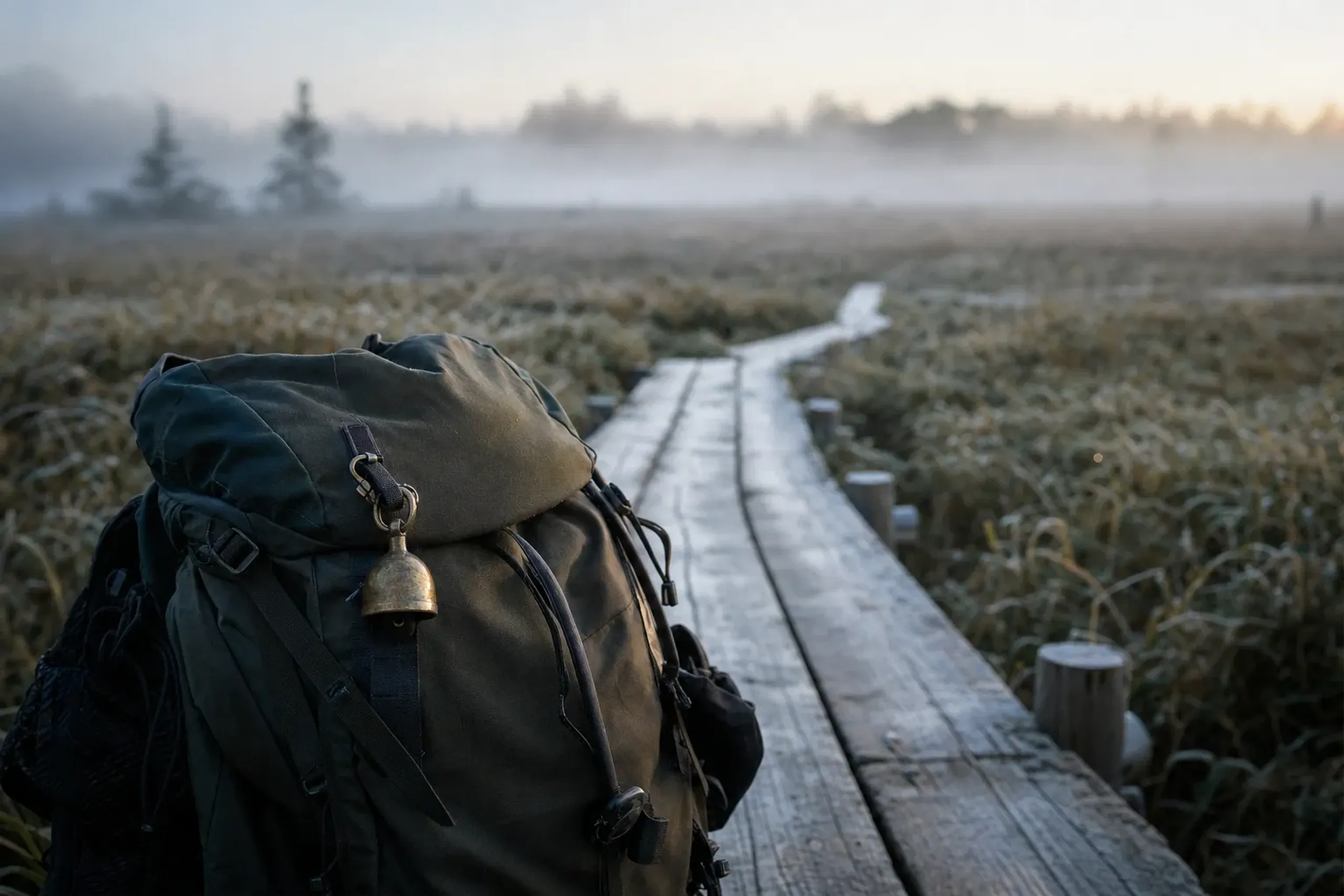 A brass bear bell hanging on a hiking pack on the raised wooden boardwalk crossing the open Senjōgahara marsh at dawn