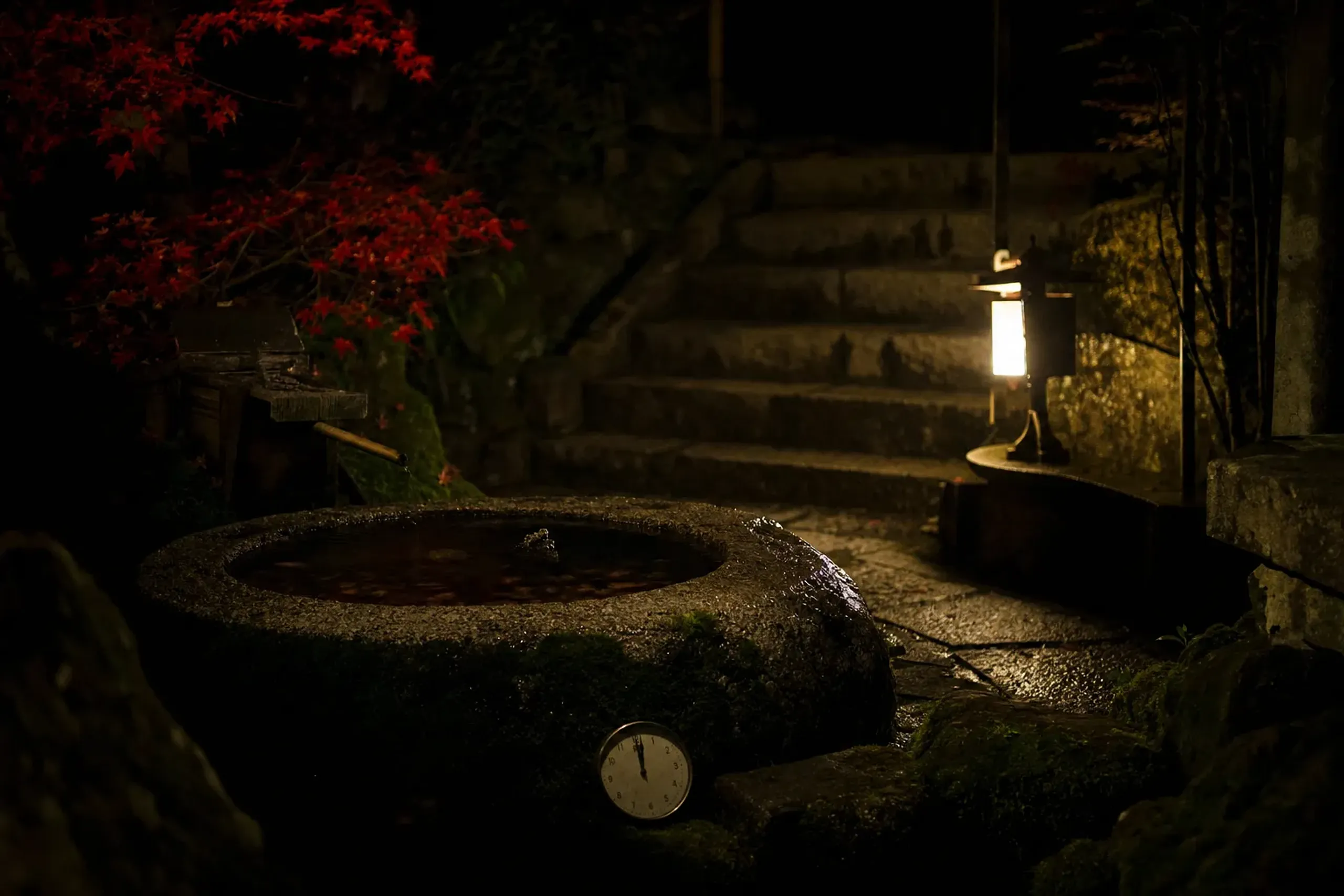 Late-night temple precinct scene suggesting the Omizutori water-drawing hours after midnight
