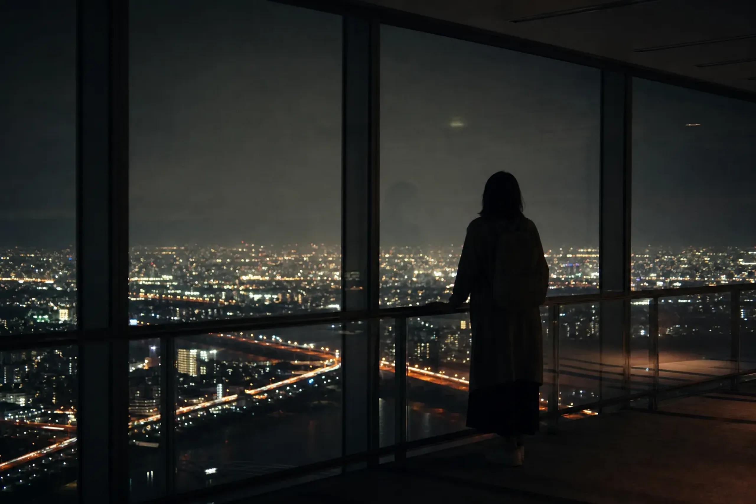 Nighttime view over Osaka from an observation level after a Kyoto day trip