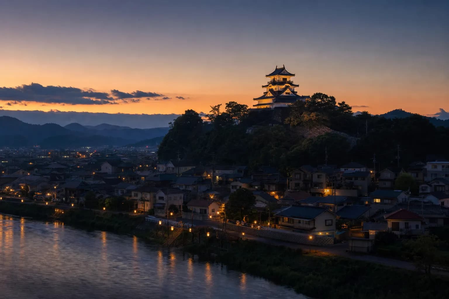 Ozu Castle at dusk overlooking the castle town in Ehime Prefecture
