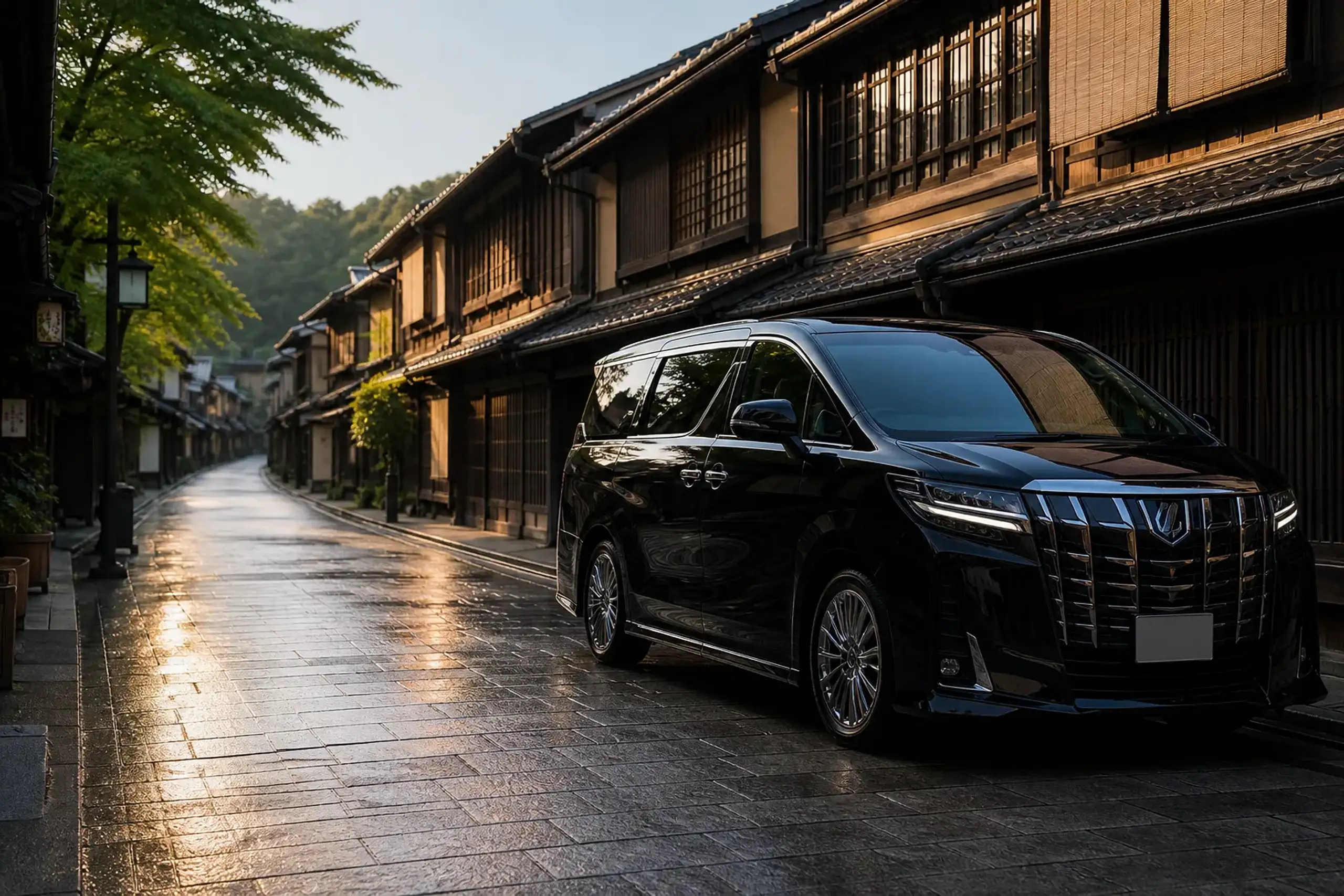 Black Toyota Alphard private chauffeur vehicle in a Kyoto historical district