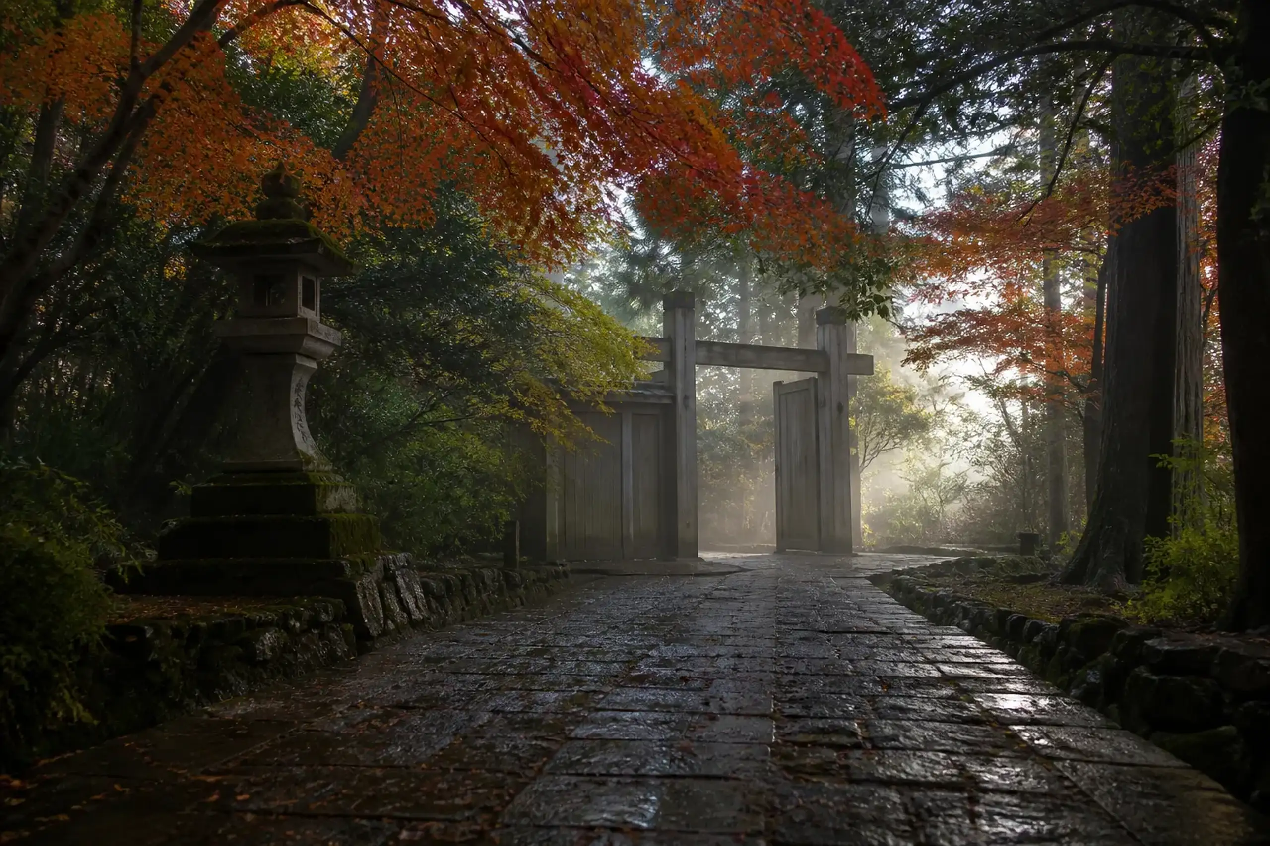 Empty Kyoto temple approach path in early morning with stone walkway and wooden gate