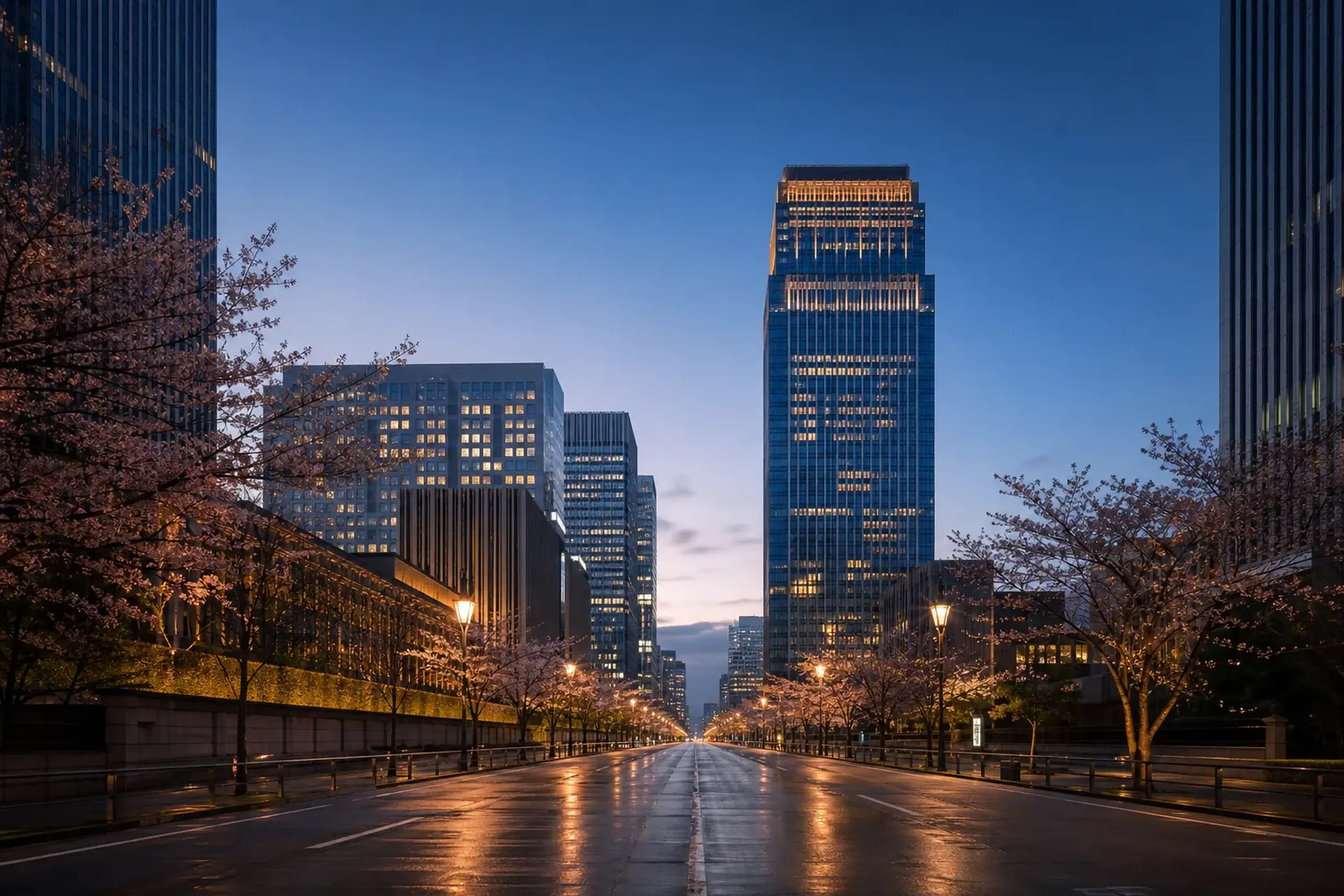 The wide, quiet streets of Otemachi at dusk with Aman Tokyo occupying the upper floors of Otemachi Tower, city lights measured and calm