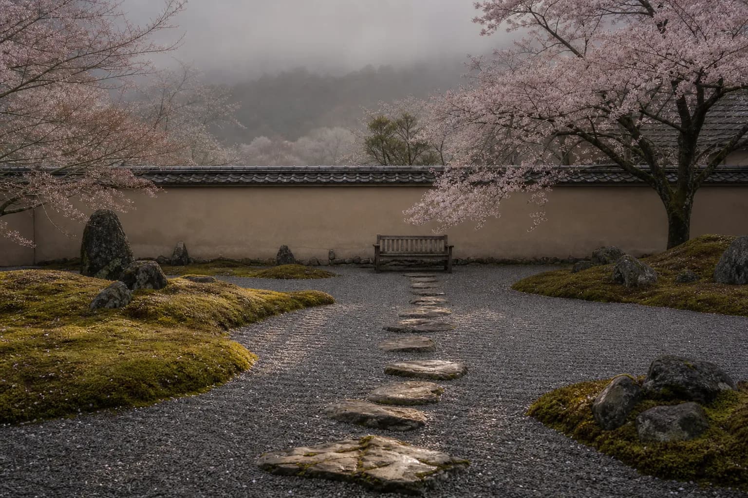 Moss garden and raked gravel in Kyoto in early morning light