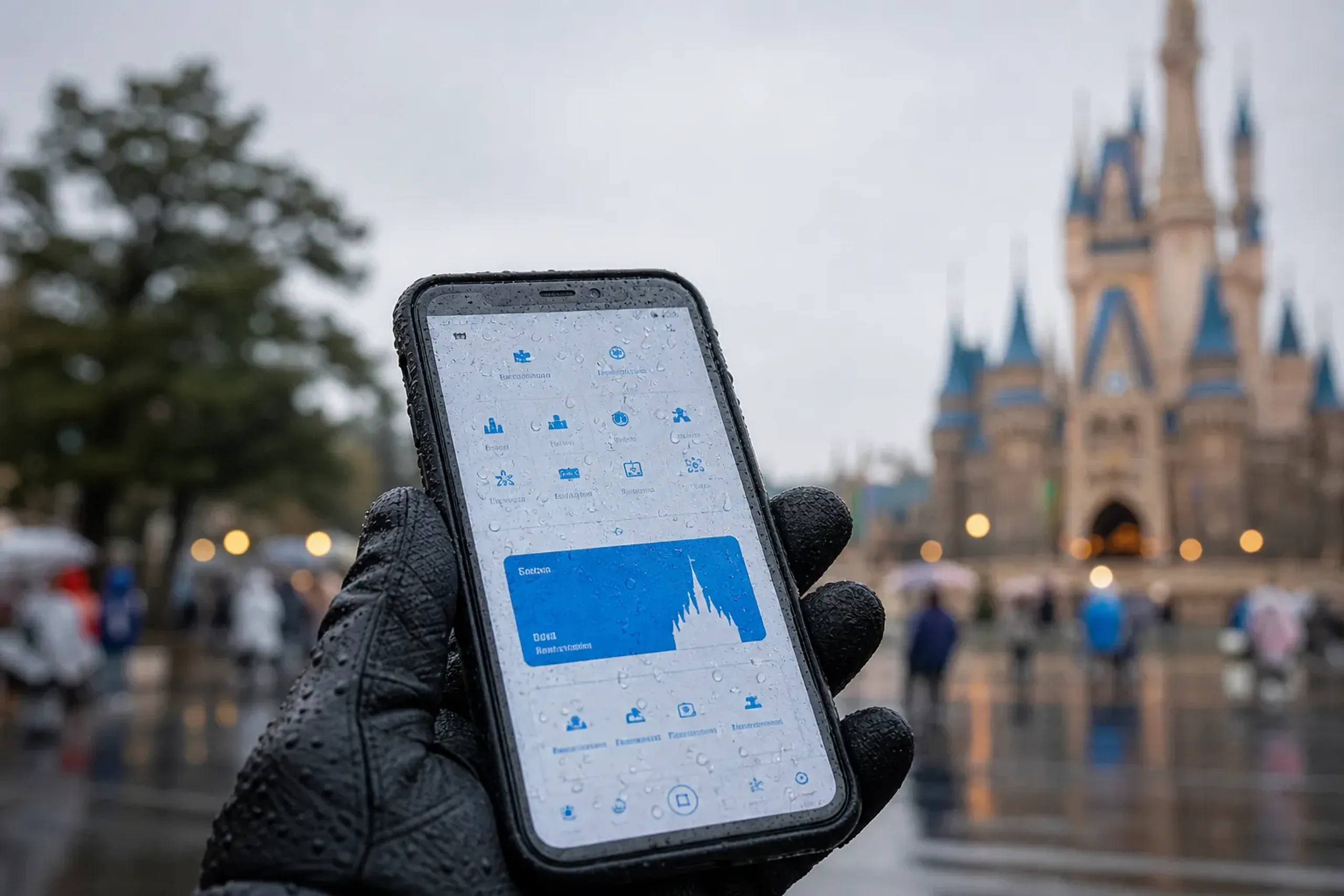 A guest checking a mobile ticket app on a phone under overcast skies