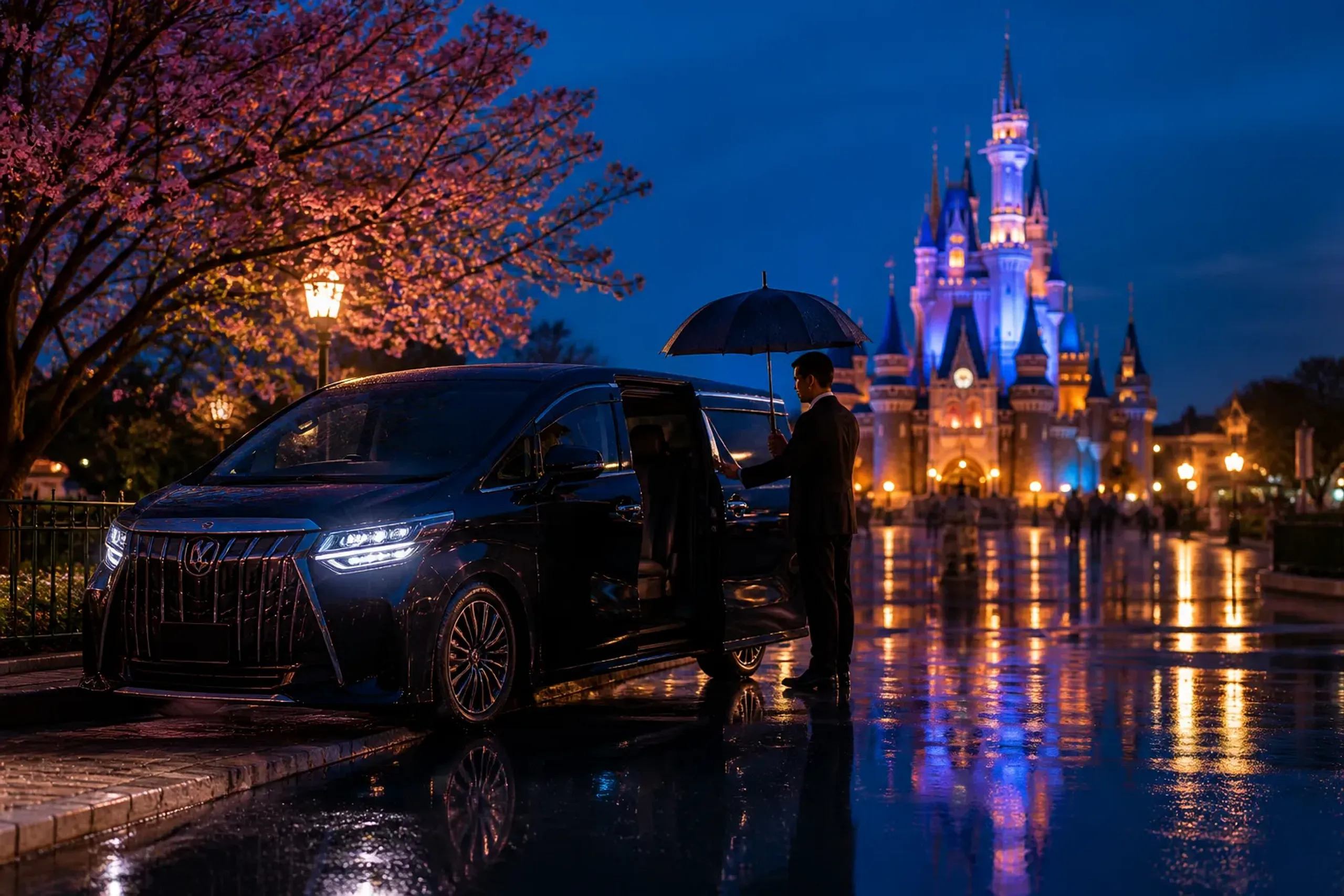 A black luxury minivan with a chauffeur waiting on a wet street in Japan at dusk