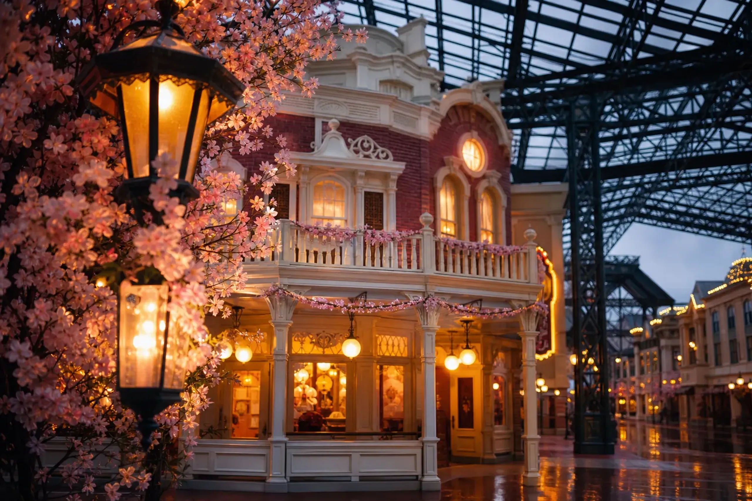 the Victorian facade and gilded lettering of Main Street House at Tokyo Disneyland's World Bazaar under an overcast sky