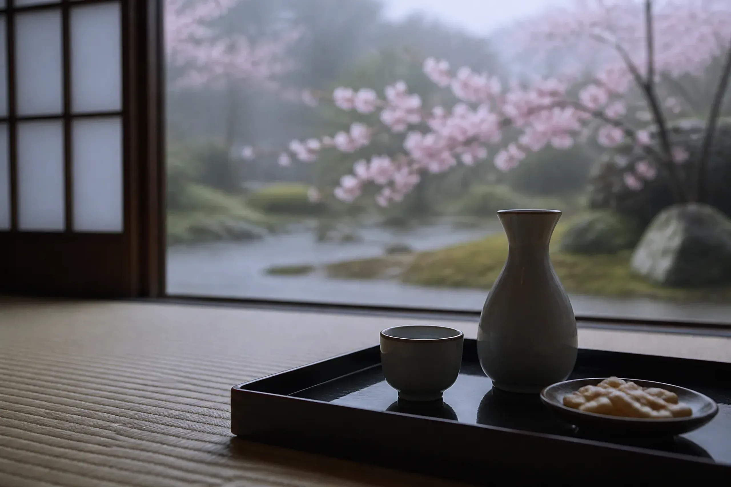 A tokkuri flask and small ochoko cup of clear ginjō sake beside a plate of lightly salted plain rice crackers on a lacquered tray