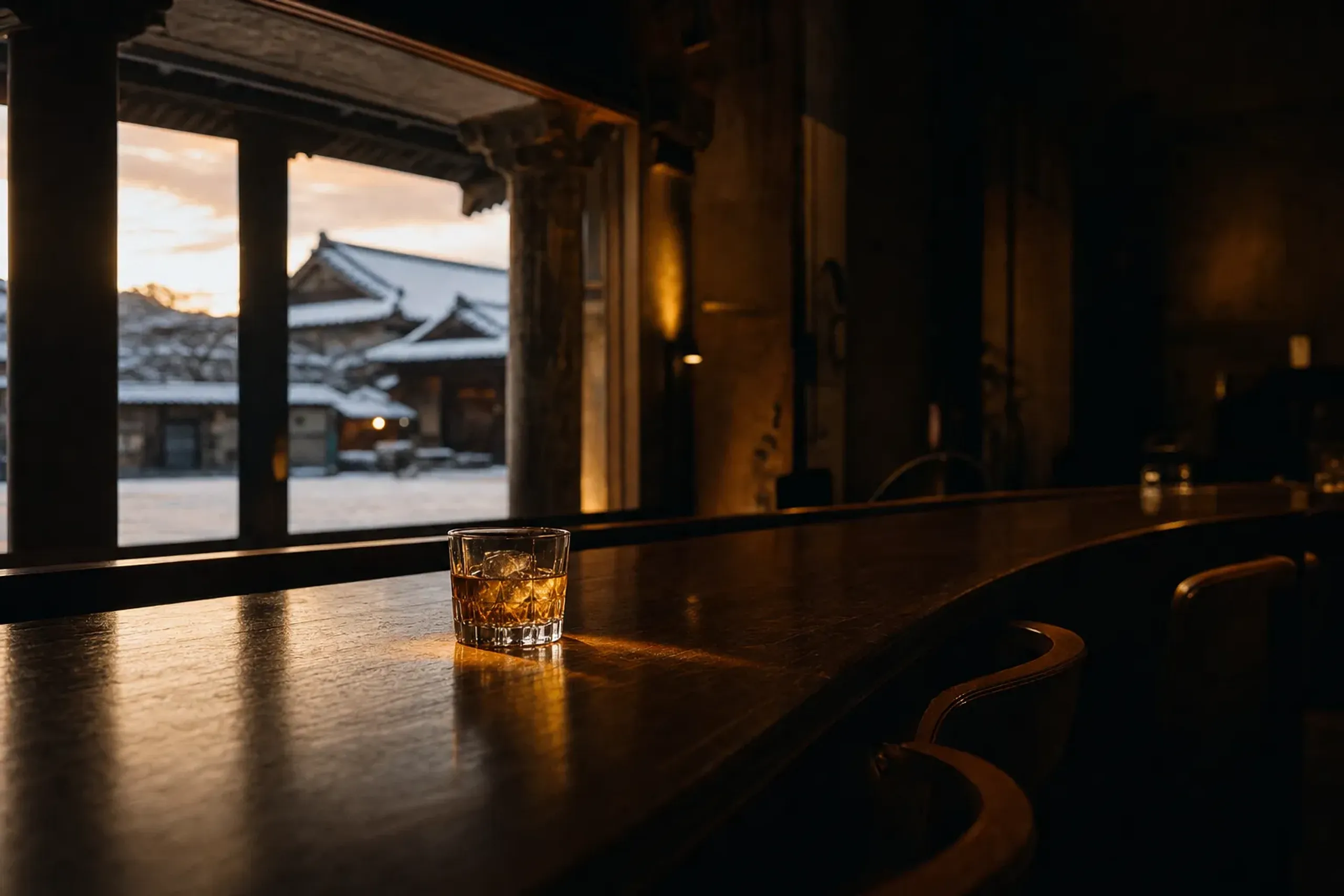 the dim, inward-facing interior of Tan's Bar, a converted Shōwa-era cinema at Sanso Murata in Yufuin, with a single drink on the counter