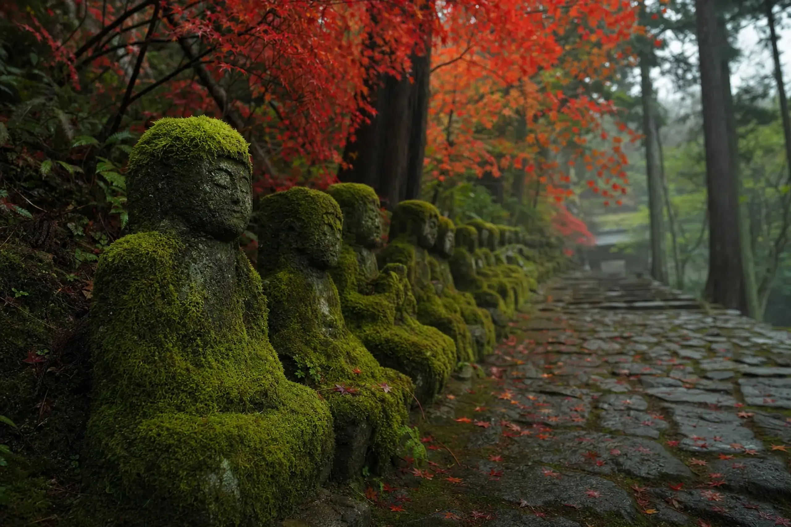 the moss-covered stone Buddha statues lining the Sasaguri Shikoku 88 pilgrimage path through forested hills near Nanzō-in