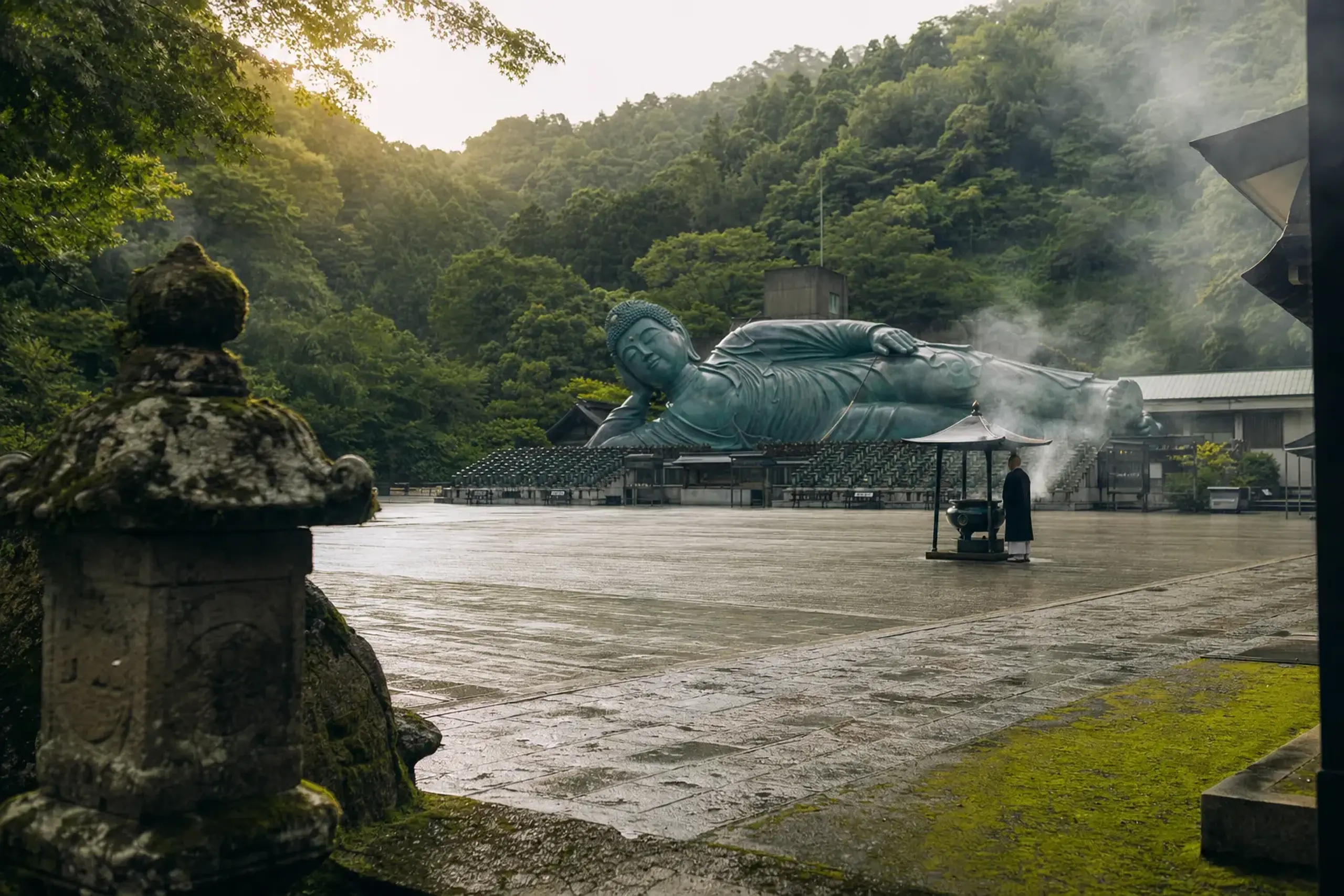 the broad temple grounds of Nanzō-in before the reclining Buddha, the open ceremonial space where 1,300 monks gathered