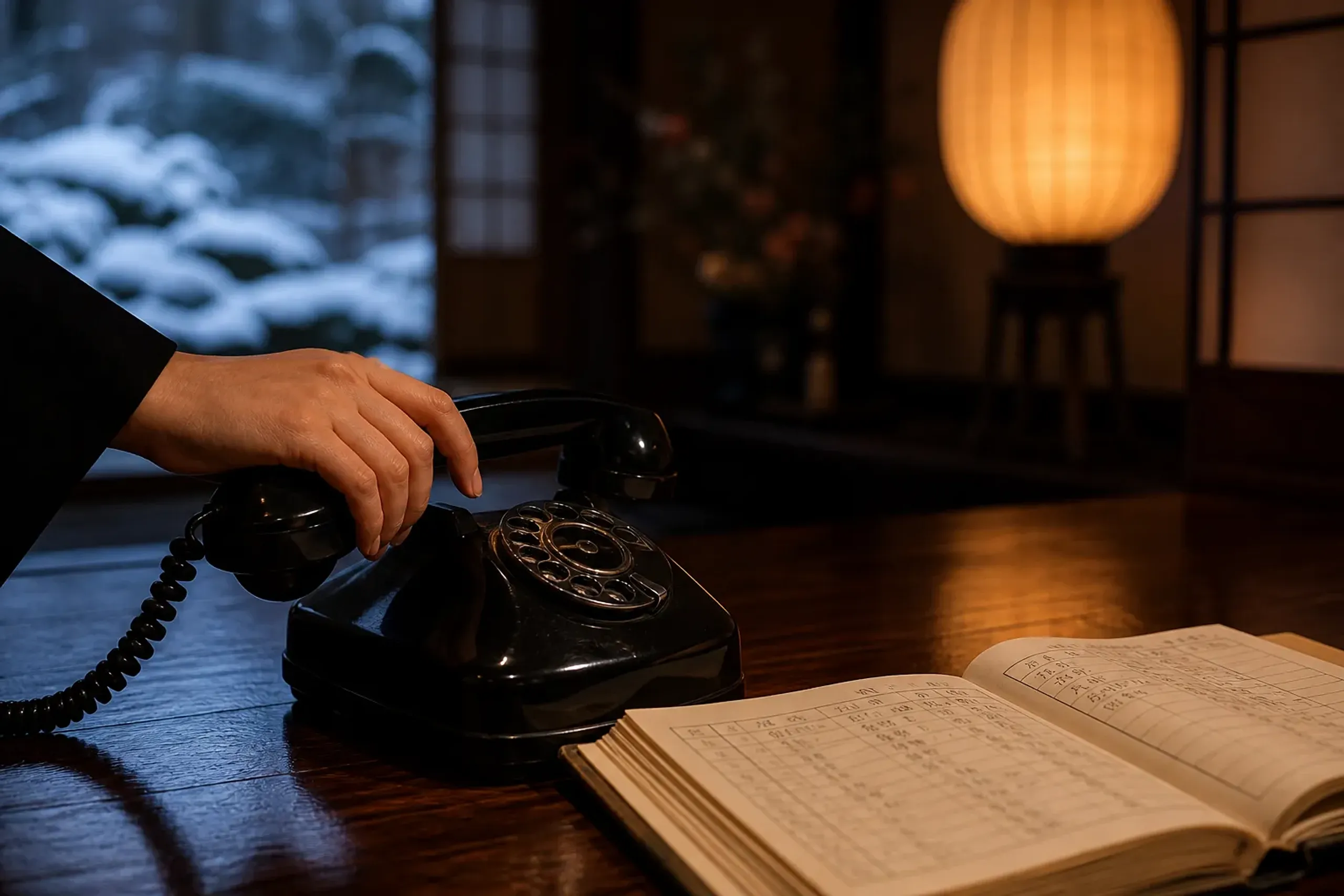 Traditional telephone and Japanese reservation ledger at a ryokan front desk, illustrating phone-only bookings
