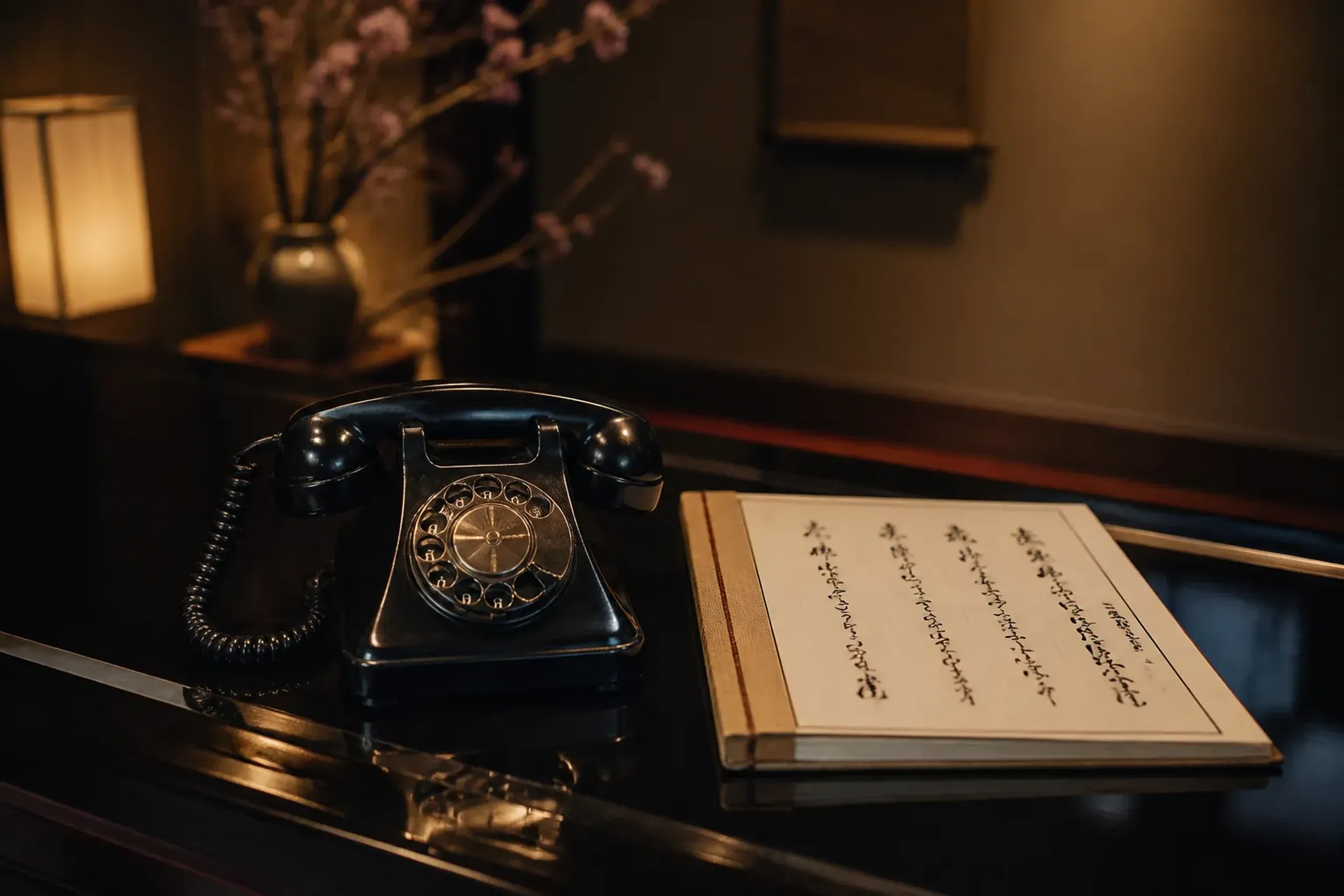 a traditional black rotary telephone resting on a lacquered wooden reception desk inside a Japanese ryokan, beside a folded reservation ledger written in Japanese