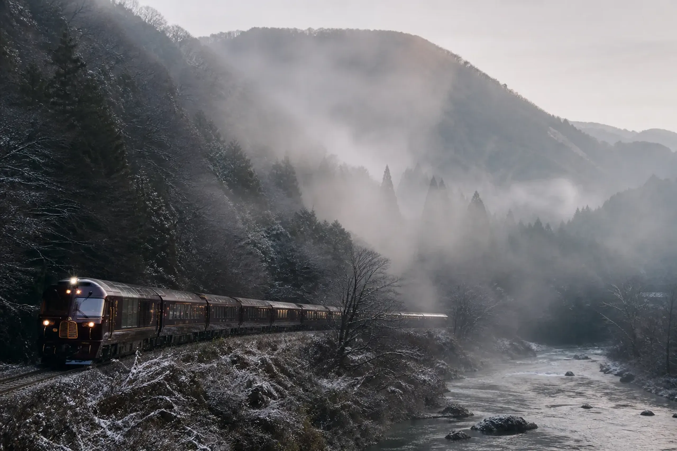 The burgundy Seven Stars luxury sleeper train traveling through the lush green mountains of Kyushu.
