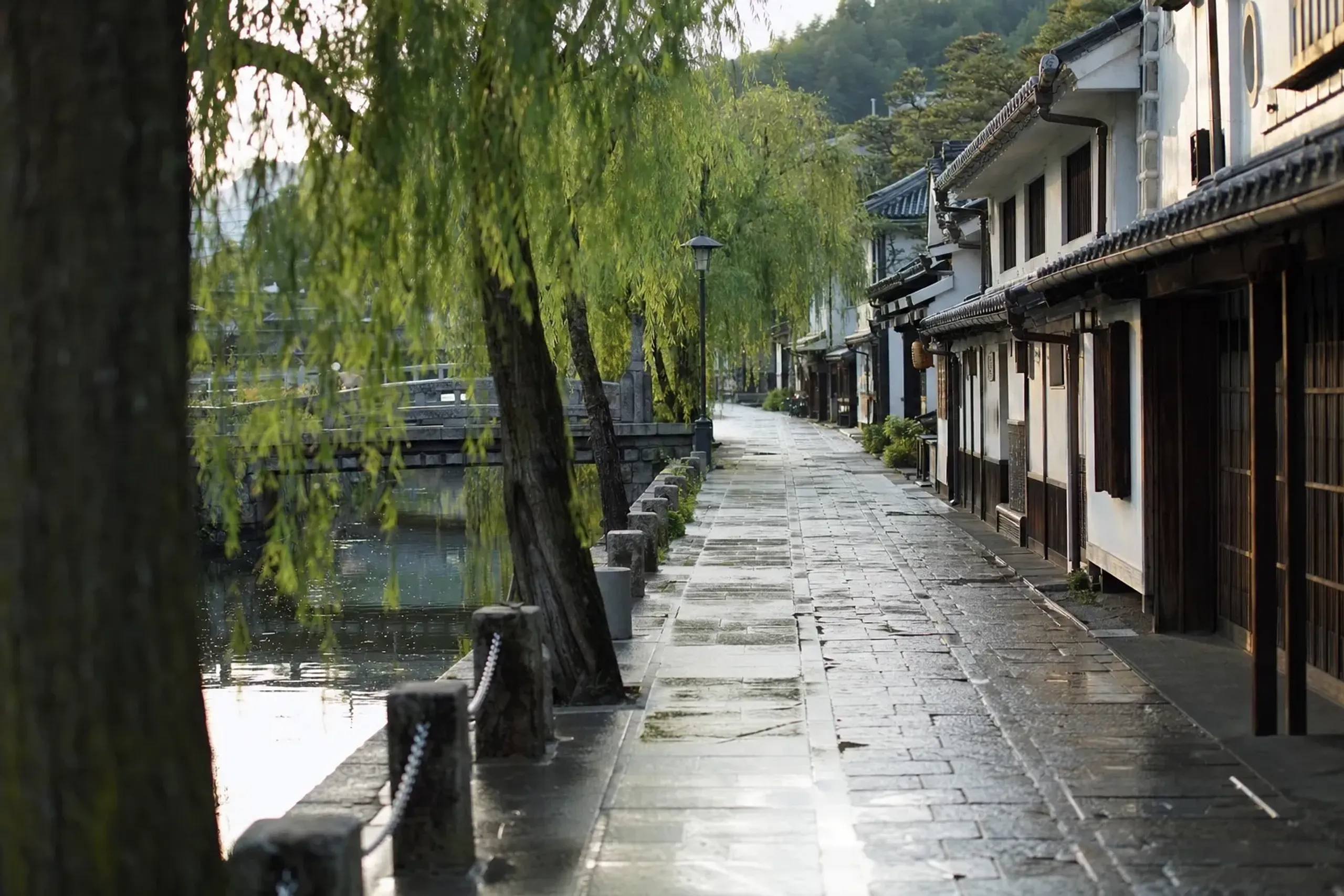 The stone-paved Perry Road along the willow-lined Hiraname River in Shimoda, running from the harbor toward Ryōsen-ji