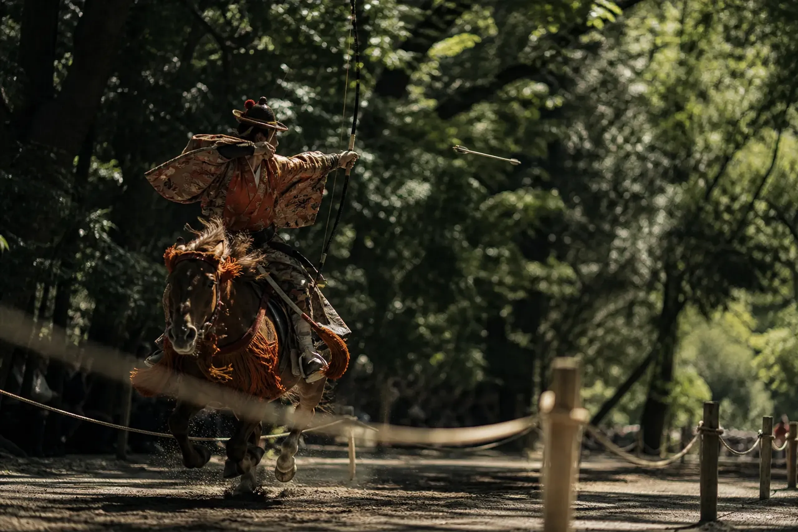 Mounted archer performing yabusame along the tree-lined approach at Shimogamo Shrine in Kyoto
