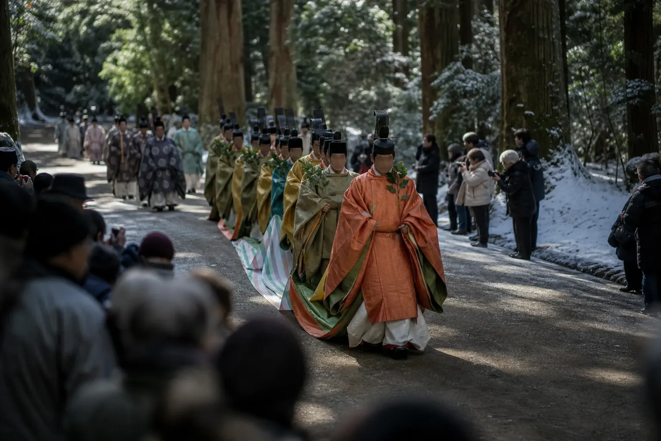 Aoi Matsuri procession in Heian-style costumes passing through Tadasu no Mori toward Shimogamo-jinja