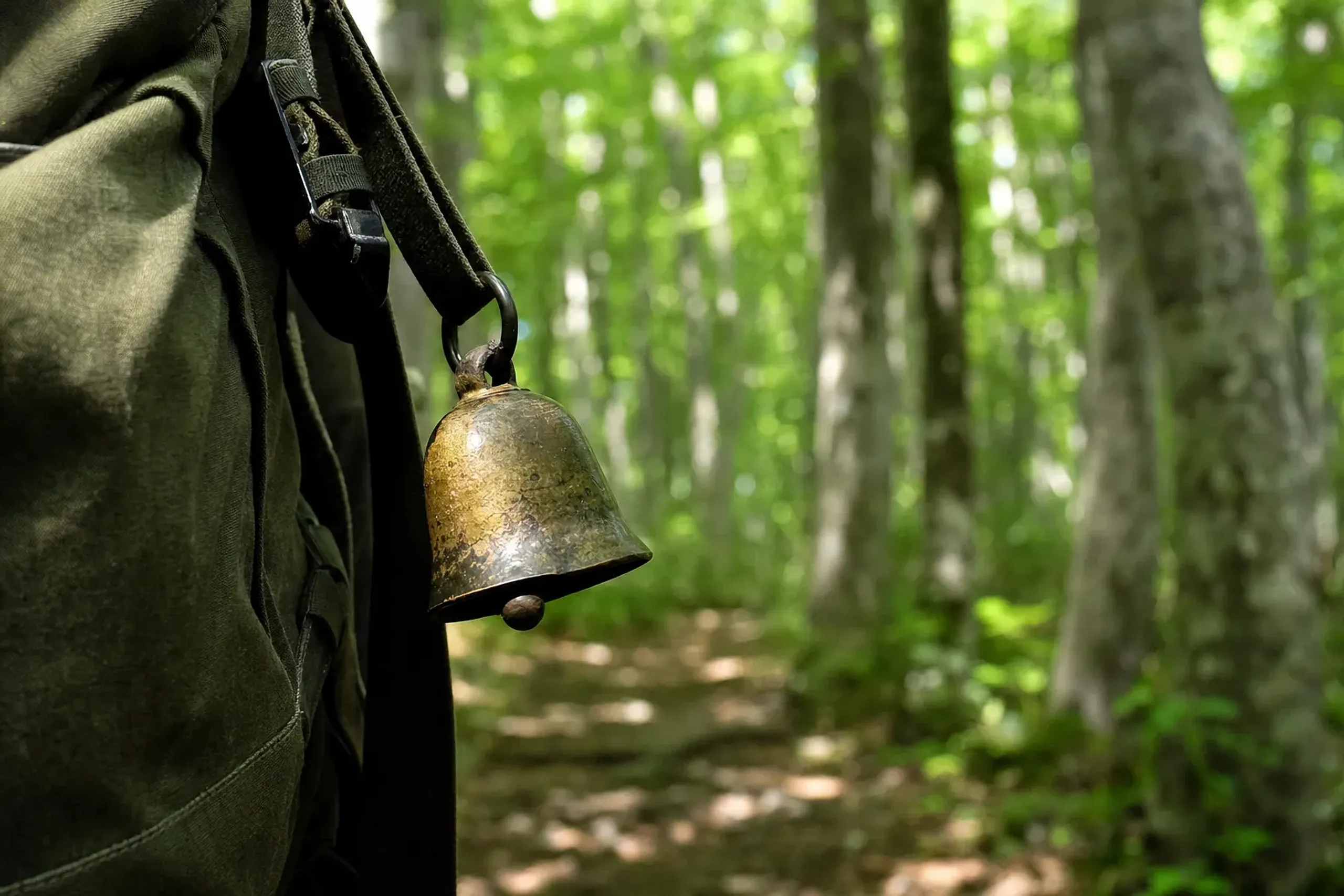 A brass bear bell hanging from a hiker's backpack strap on a beech forest trail in Shirakami-Sanchi