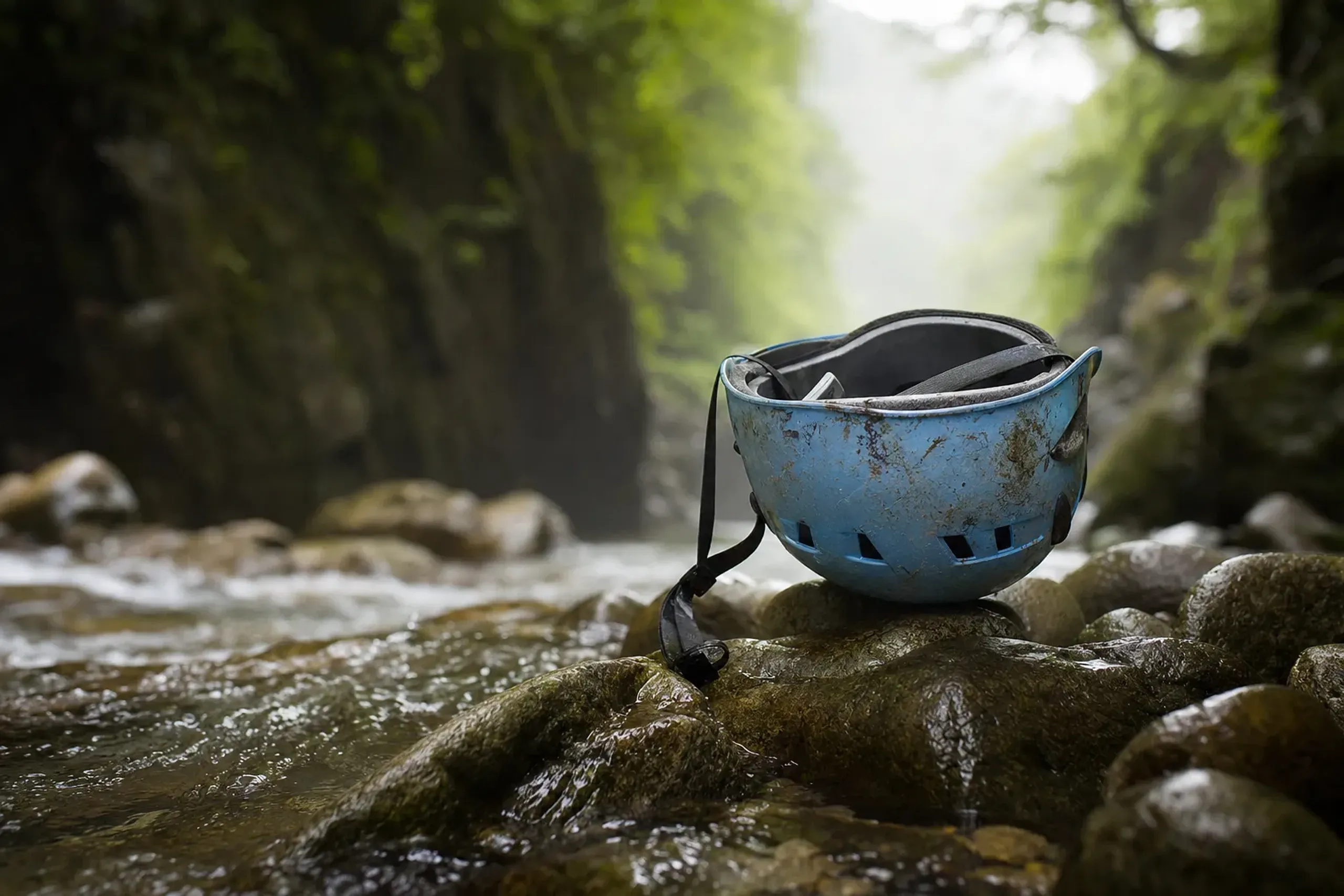 A rental safety helmet resting on stream-crossing river stones along the unmaintained Anmon Gorge Route
